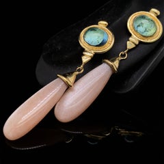 "Thania" Peach Moonstone & Blue Tourmaline Dangle Earrings in 18 Karat Gold