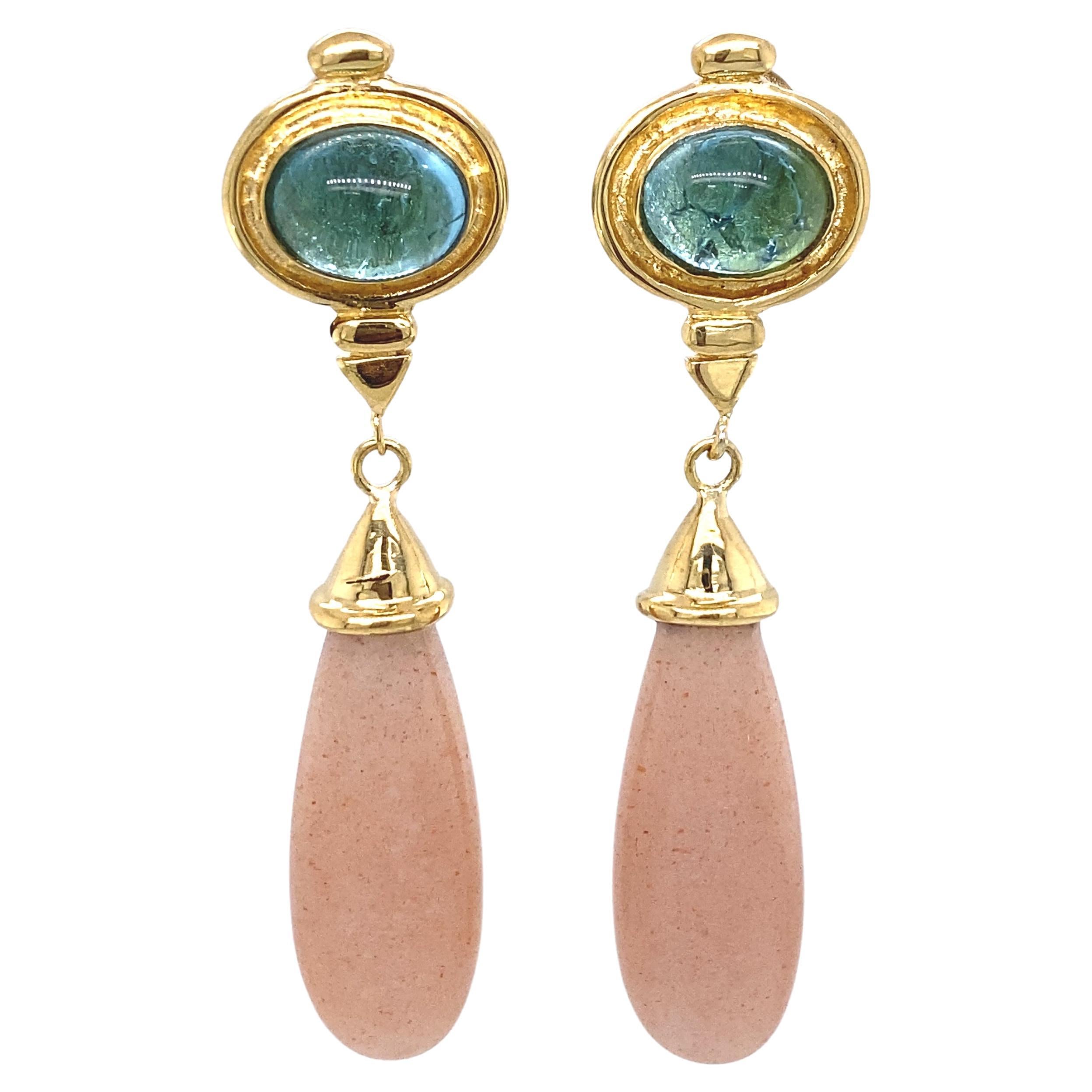 "Thania" Peach Moonstone & Blue Tourmaline Dangle Earrings in 18 Karat Gold For Sale