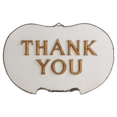 "Thank You" Tole Signage with Raised Letters 1950s American White and Gold