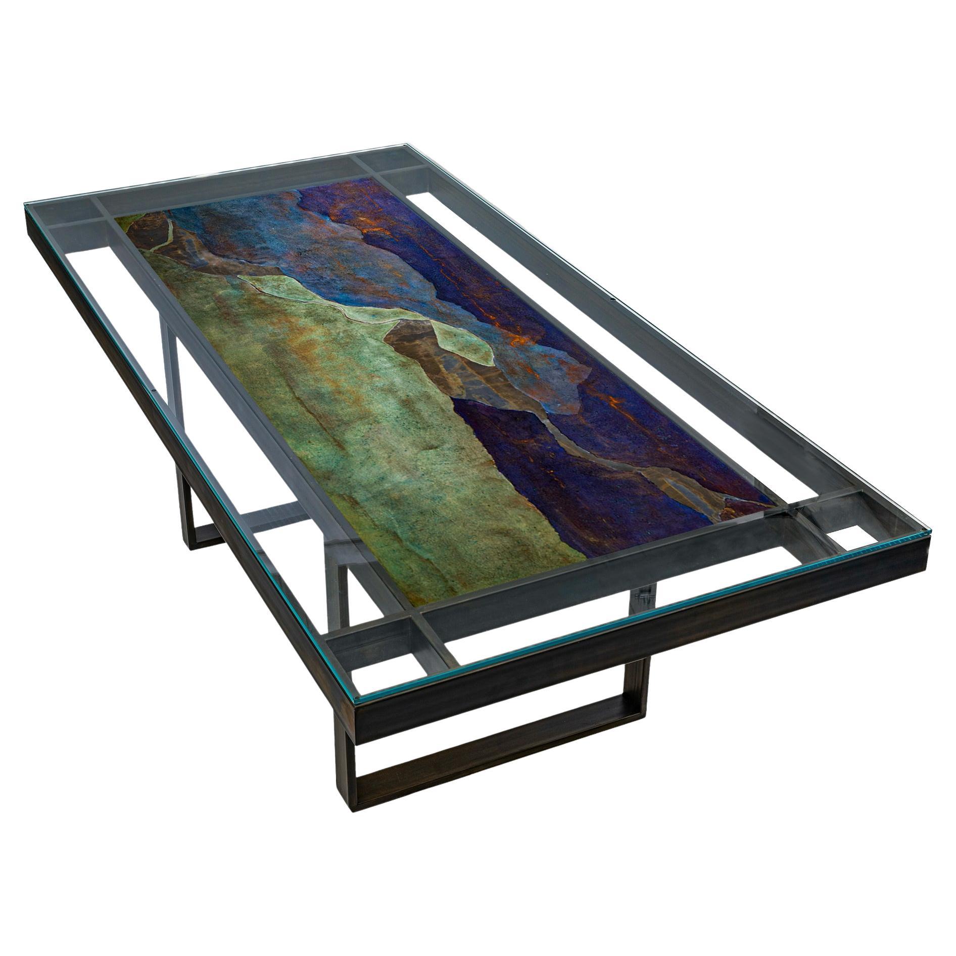 "That Day by the Lake" Glass Topped Dining Table With Acid Washed Iron Base