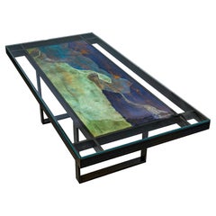 "Aquel día junto al lago" Mesa de comedor con tapa de cristal y base de hierro lavada al ácido