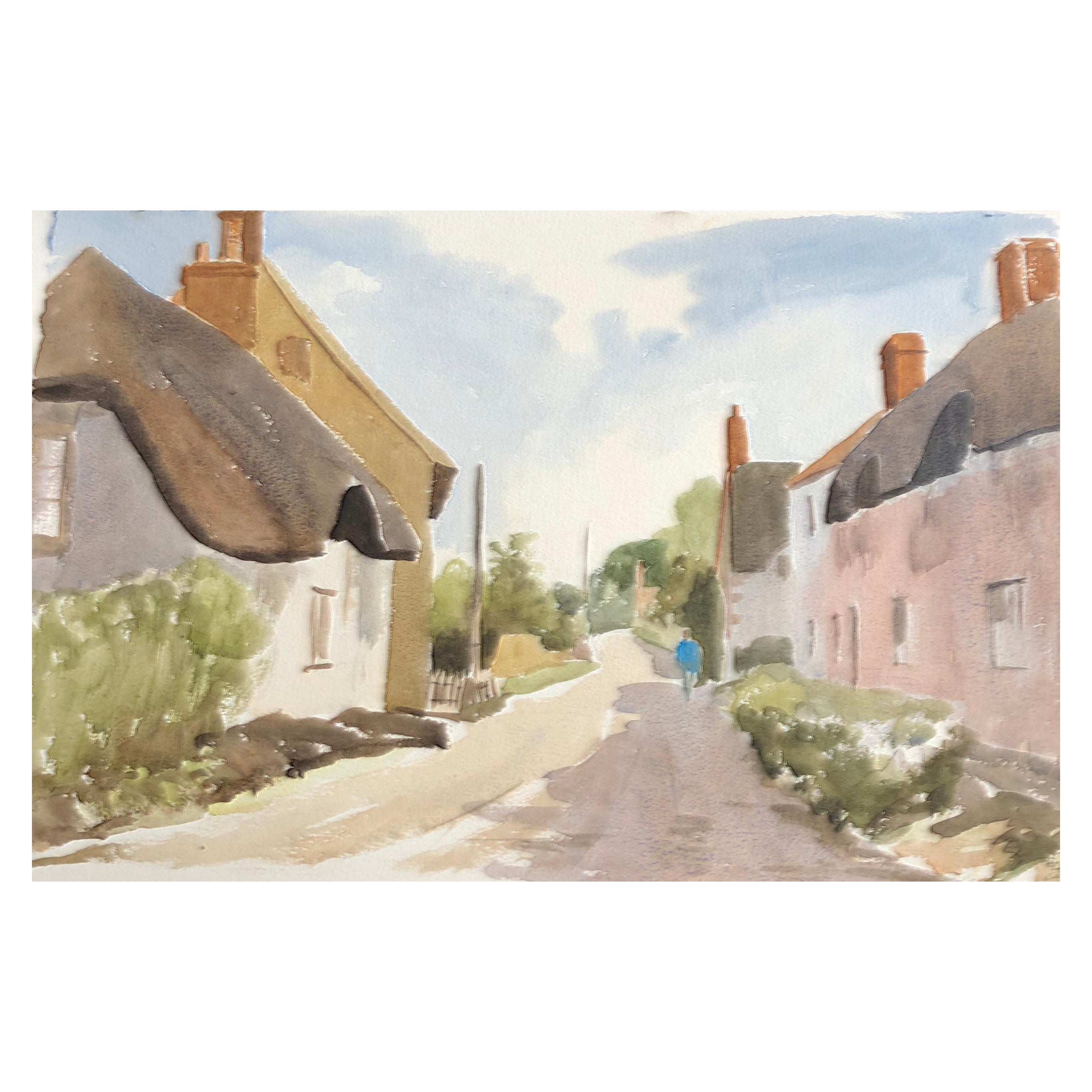 Cottage con tetto di paglia, strada rurale, acquerello originale britannico in vendita