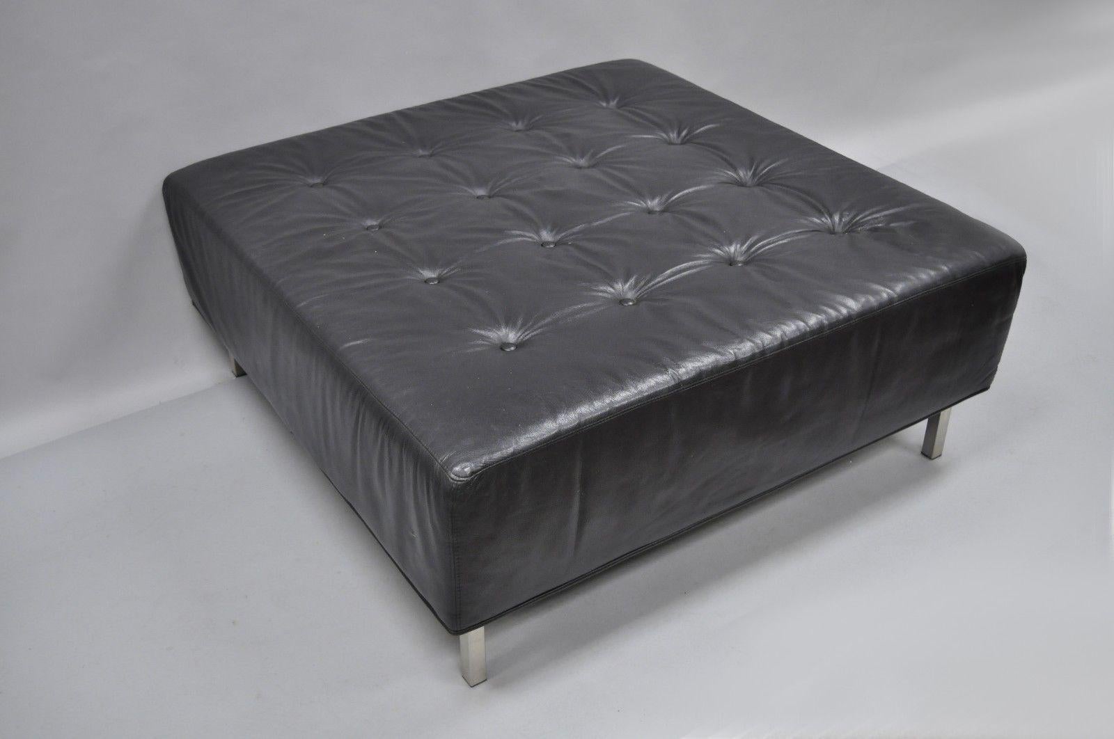 Thayer Coggin Black Tufted Leather Square Ottoman Modern Barcelona Style For Sale 3