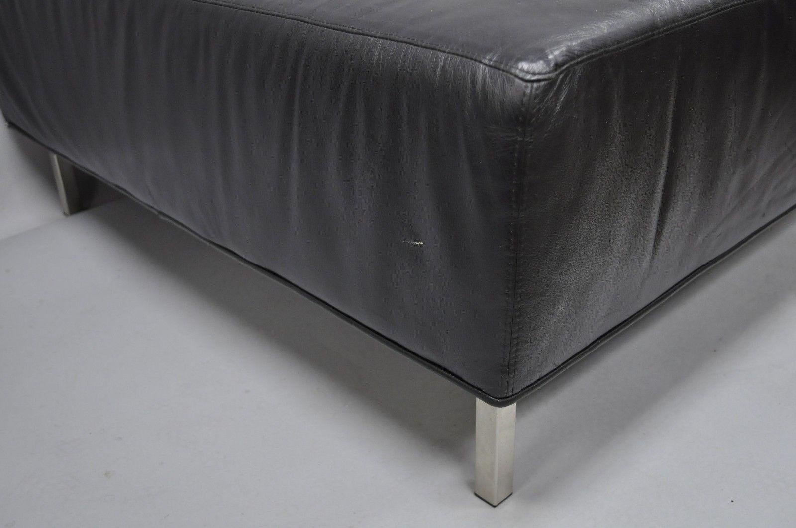 Mid-Century Modern Thayer Coggin Black Tufted Leather Square Ottoman Modern Barcelona Style For Sale