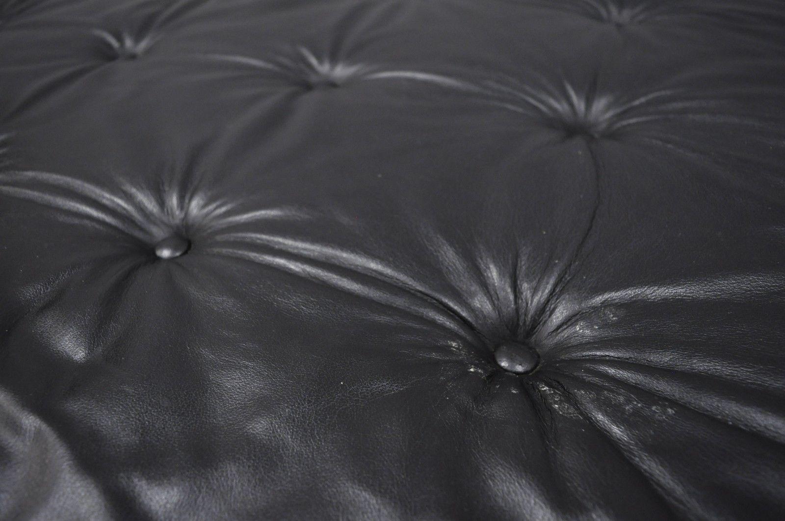 Thayer Coggin Black Tufted Leather Square Ottoman Modern Barcelona Style In Good Condition For Sale In Philadelphia, PA