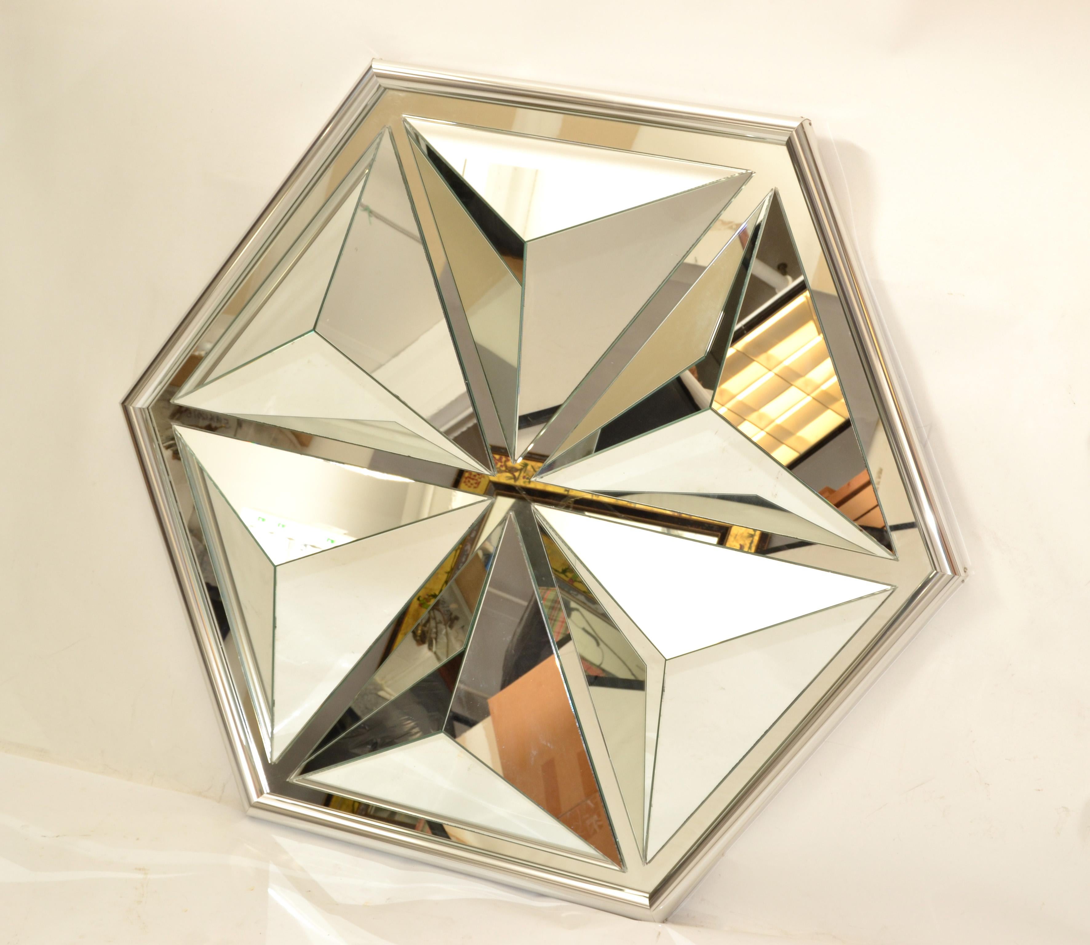 Mid-Century Modern Diamond Shaped Faceted Octagonal Wall Mirror  For Sale