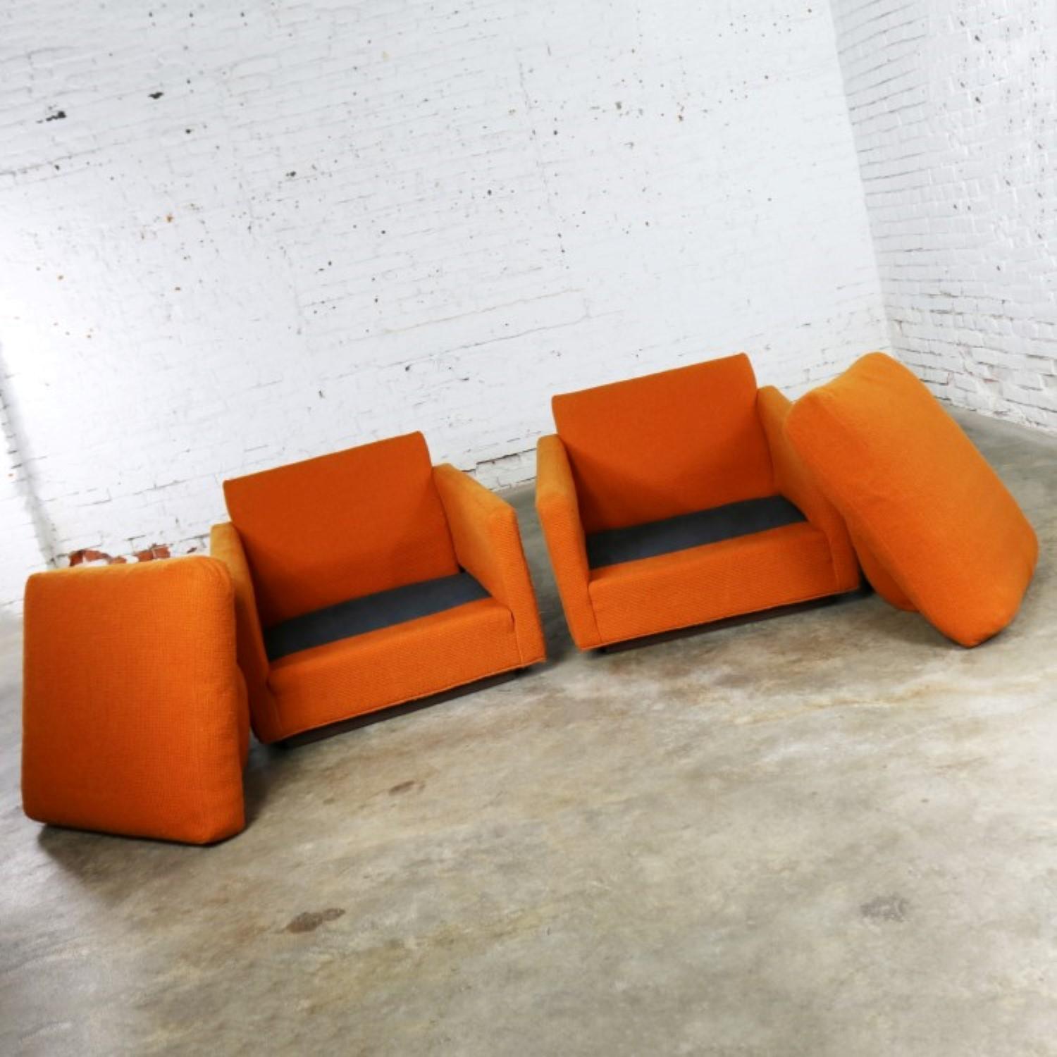 Thayer Coggin Cube Lounge Chairs Orange Lawson Style Attributed to Milo Baughman 4