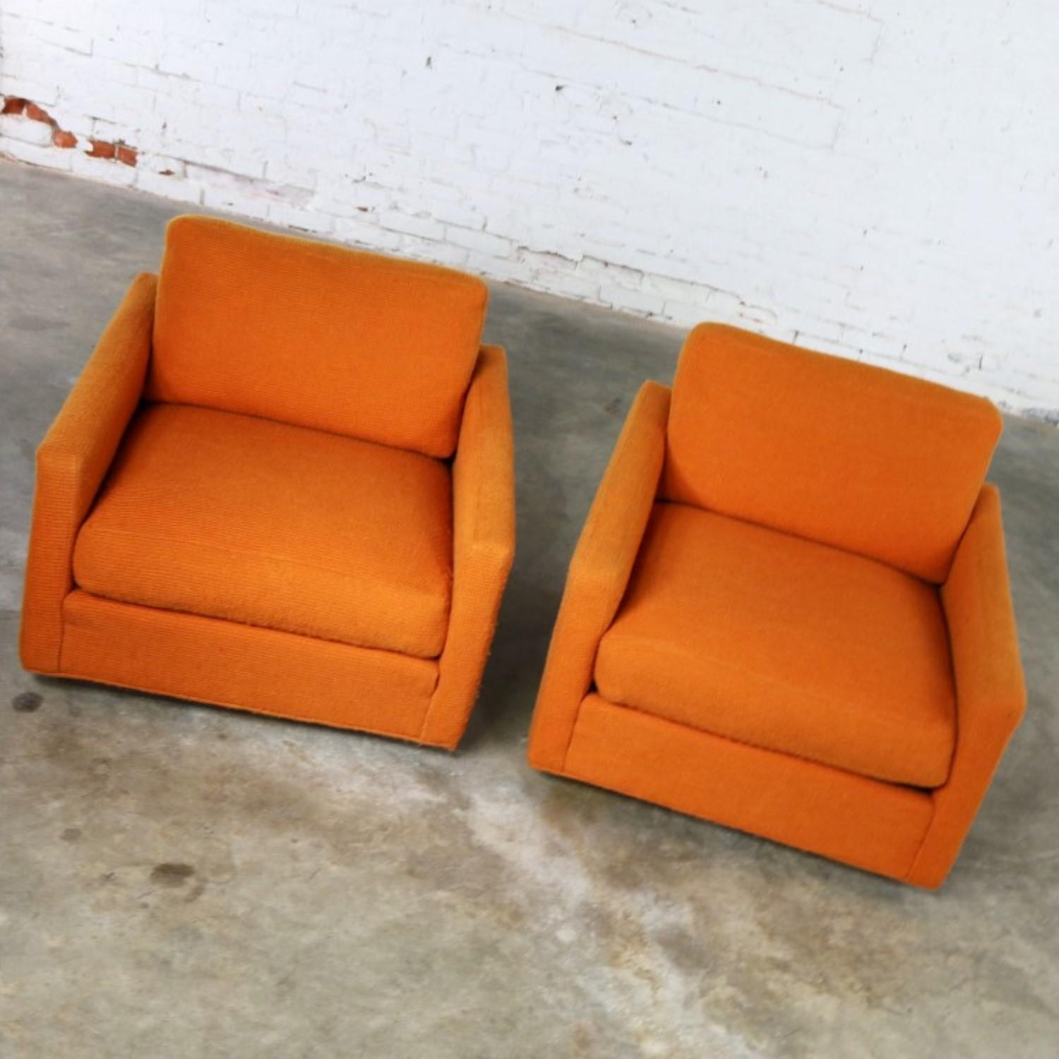 American Thayer Coggin Cube Lounge Chairs Orange Lawson Style Attributed to Milo Baughman
