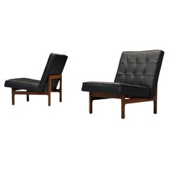Thayer Coggin, Danish Modern Style, Tufted Black Leather, Lounge Chairs, 21st C.