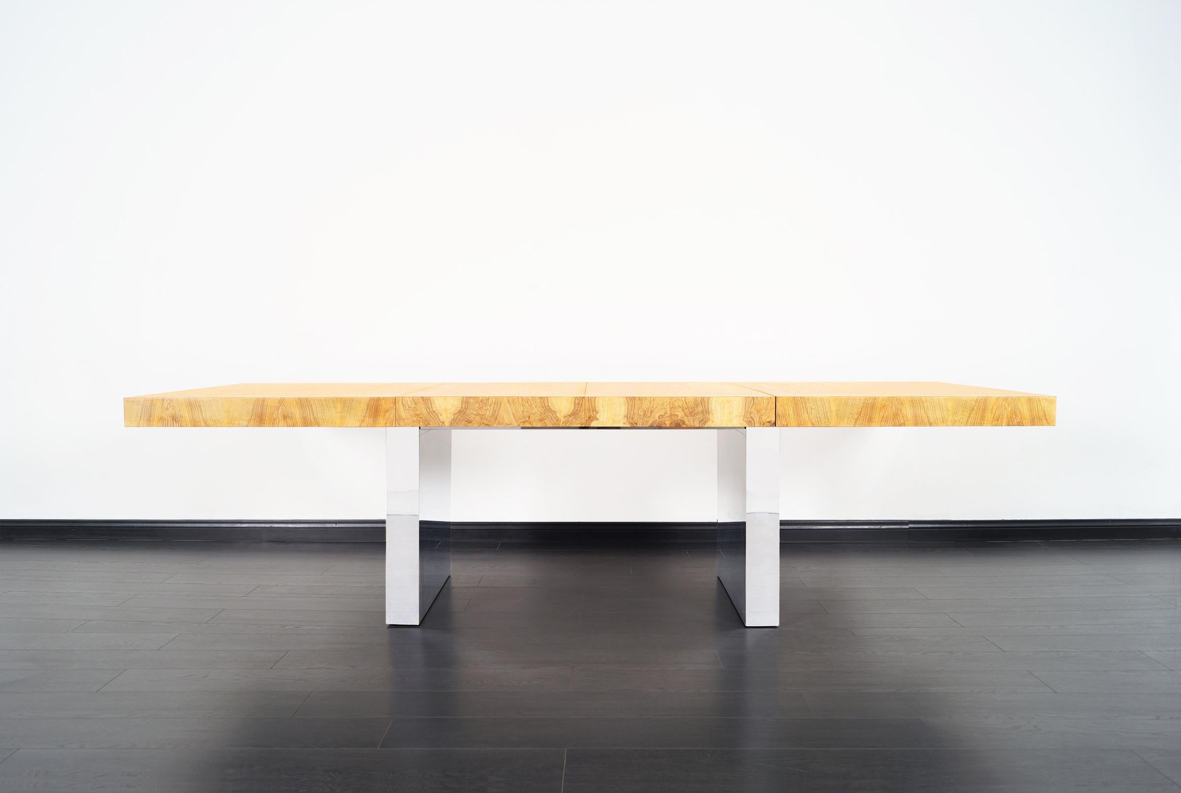 Chrome Thayer Coggin Extendable Burl Wood Dining Table by Milo Baughman