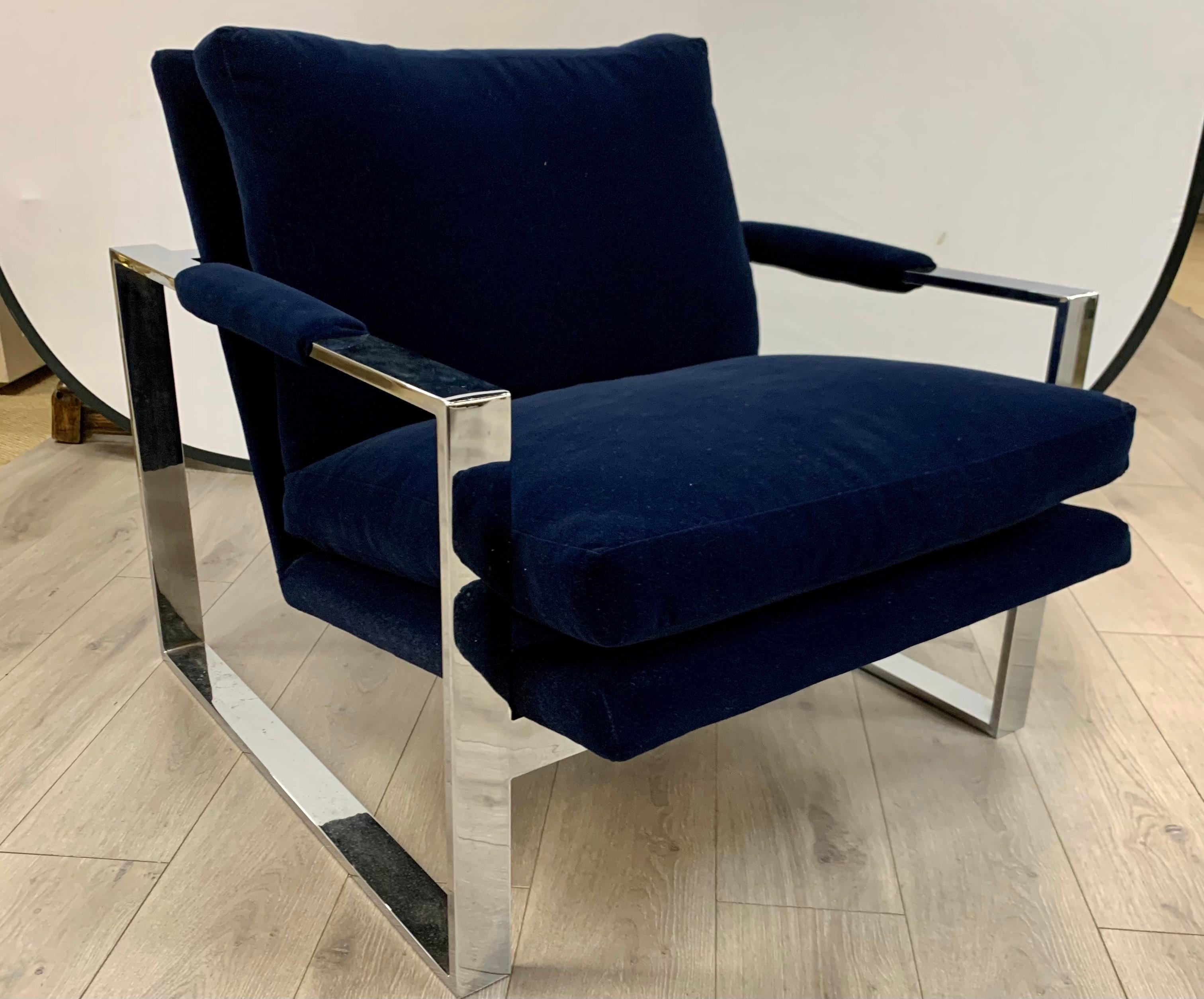 Thayer Coggin Mid-Century Navy Velvet Newly Upholstered Cantilever Cube Chairs 3