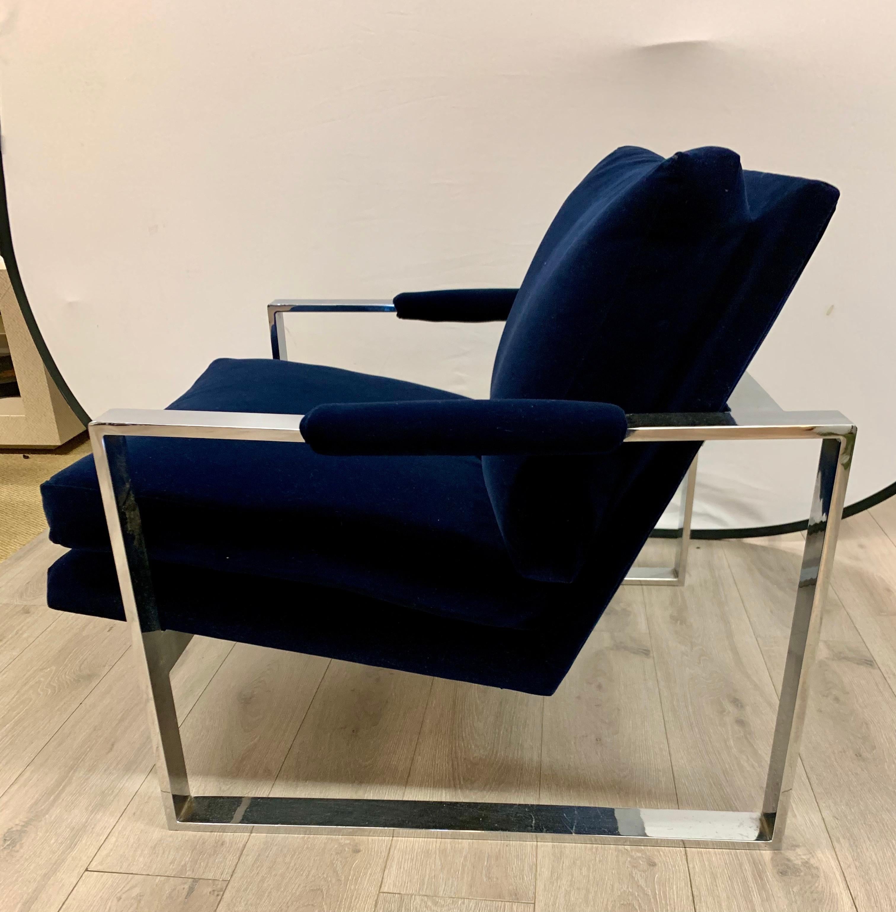 Cut Steel Thayer Coggin Mid-Century Navy Velvet Newly Upholstered Cantilever Cube Chairs