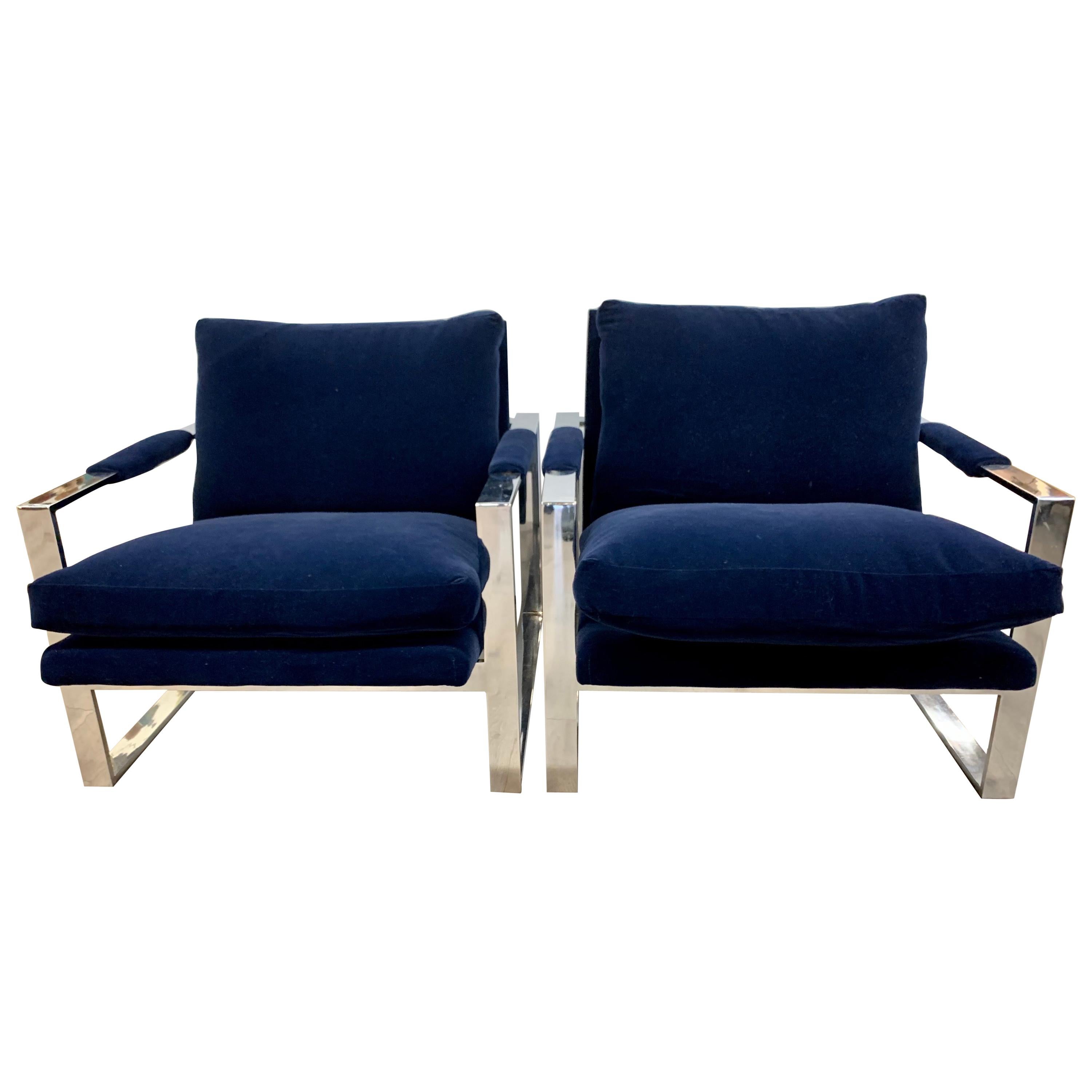 Thayer Coggin Mid-Century Navy Velvet Newly Upholstered Cantilever Cube Chairs