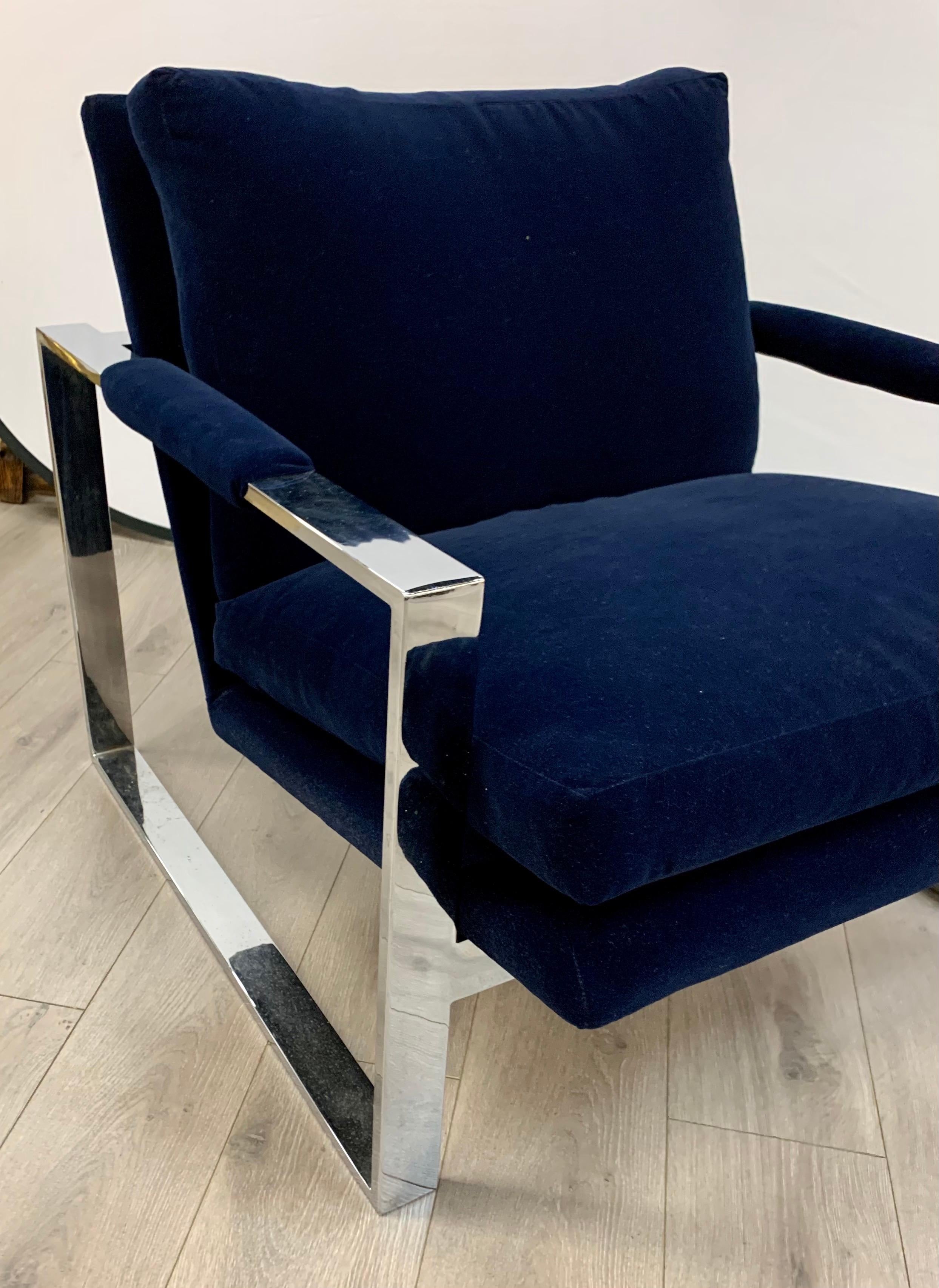 American Thayer Coggin Mid-Century Newly Upholstered Navy Velvet Cantilever Cube Chair