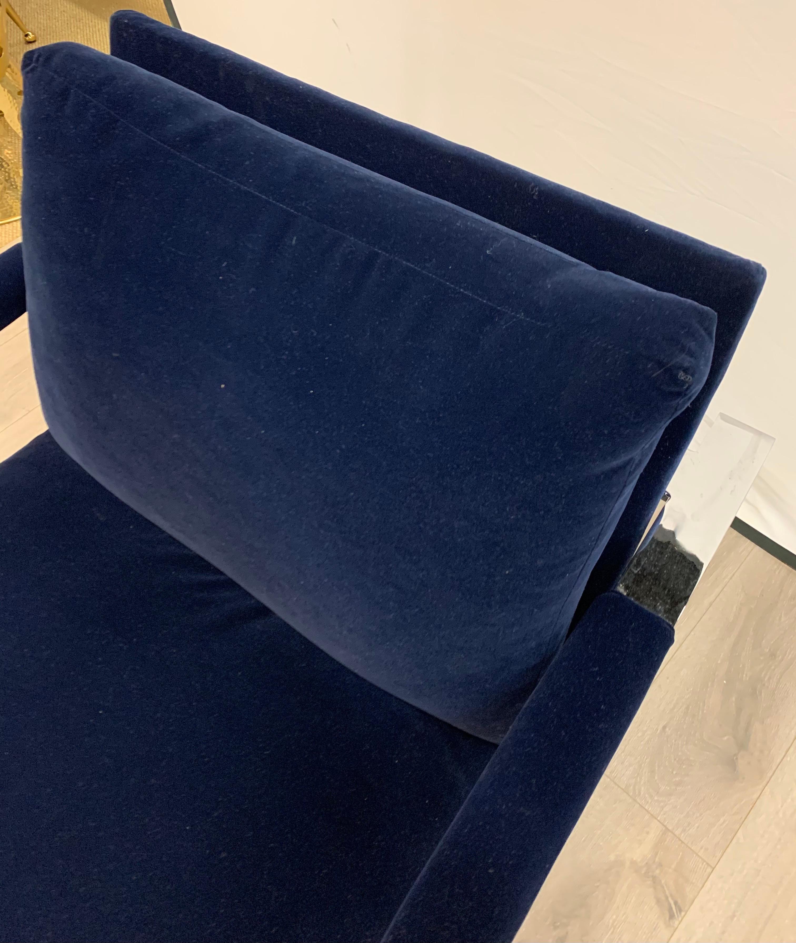 Late 20th Century Thayer Coggin Mid-Century Newly Upholstered Navy Velvet Cantilever Cube Chair