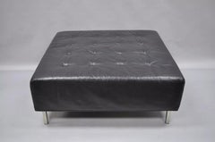 Thayer Coggin Modern Barcelona Style Black Tufted Leather 40" Square Ottoman