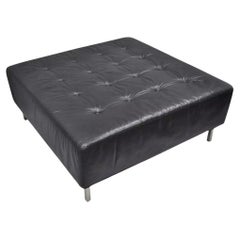 Thayer Coggin Modern Barcelona Style Black Tufted Leather 40" Square Ottoman