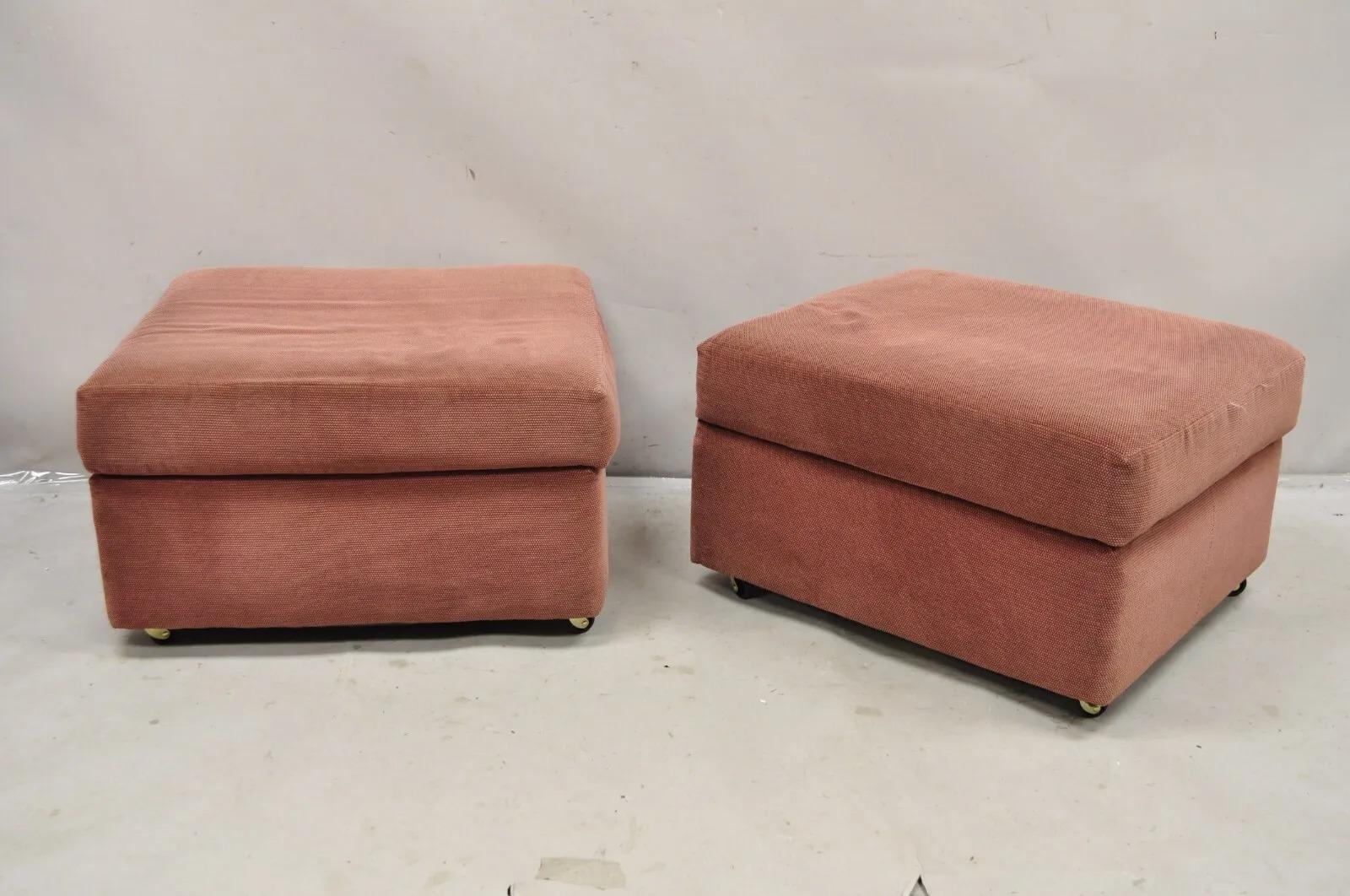 Thayer Coggin Modern Upholstered Mauve Color Ottomans on Wheels - a Pair 5
