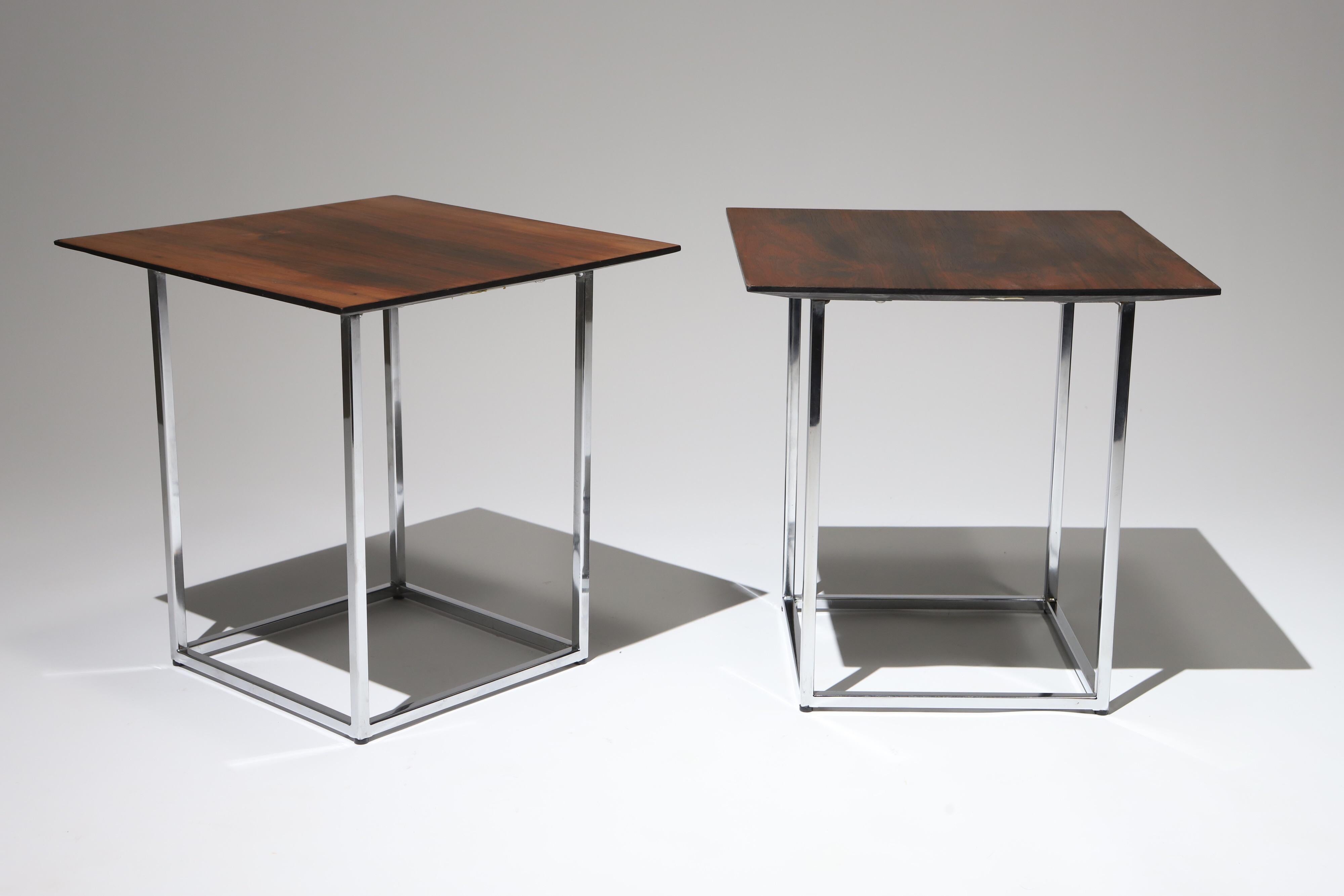 Rare simplistic small rosewood side tables with knife edge and square chrome tubular legs. Pair together for a wonderful cocktail table duo. Designed by Milo Baughman for Thayer Coggin. Retains original labeling from 1970.