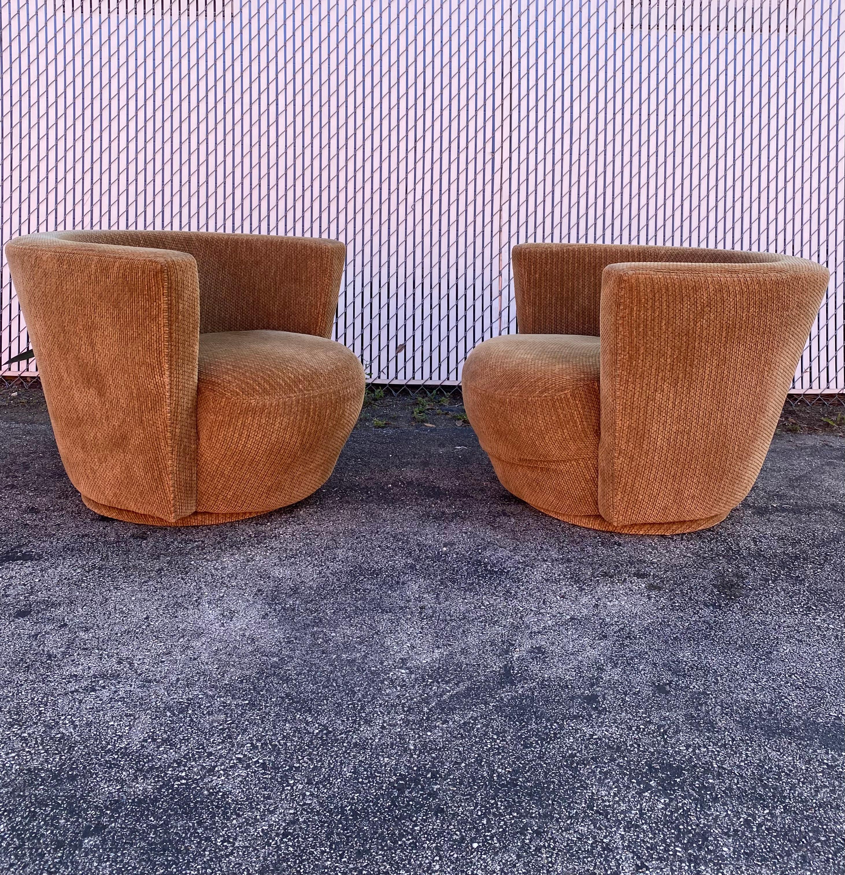 Mid-Century Modern Thayer Coggin Sculptural Tub Barrel Swivel Chairs, Set of 2