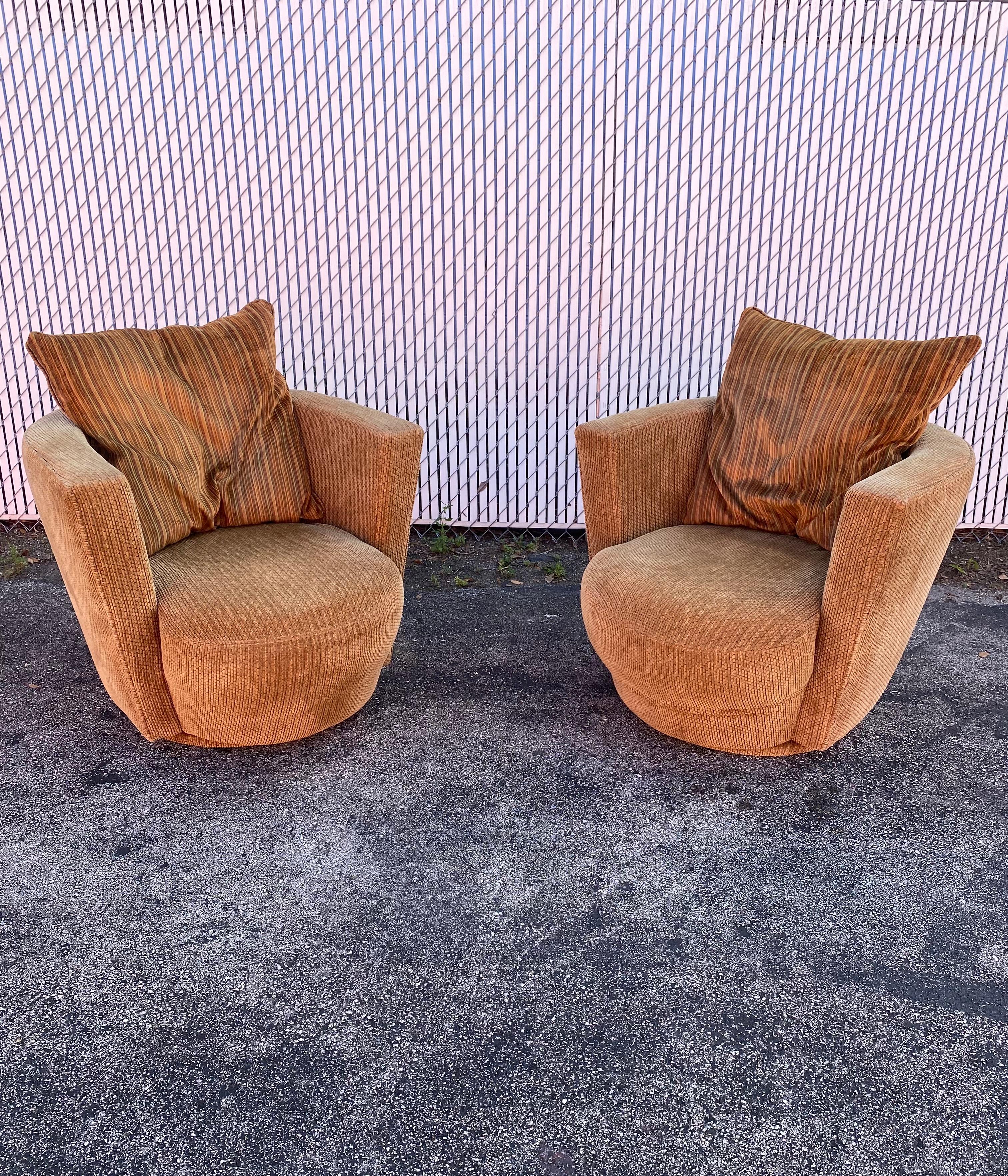 Upholstery Thayer Coggin Sculptural Tub Barrel Swivel Chairs, Set of 2