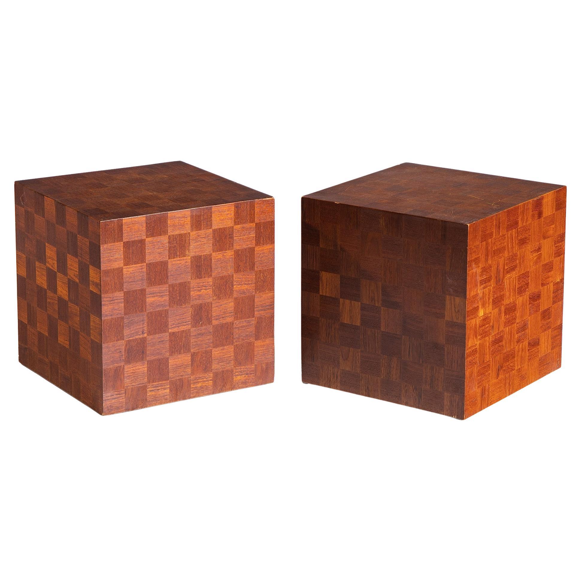 Thayer Coggin Style Mid Century Walnut Parquet Cube End Tables - Pair