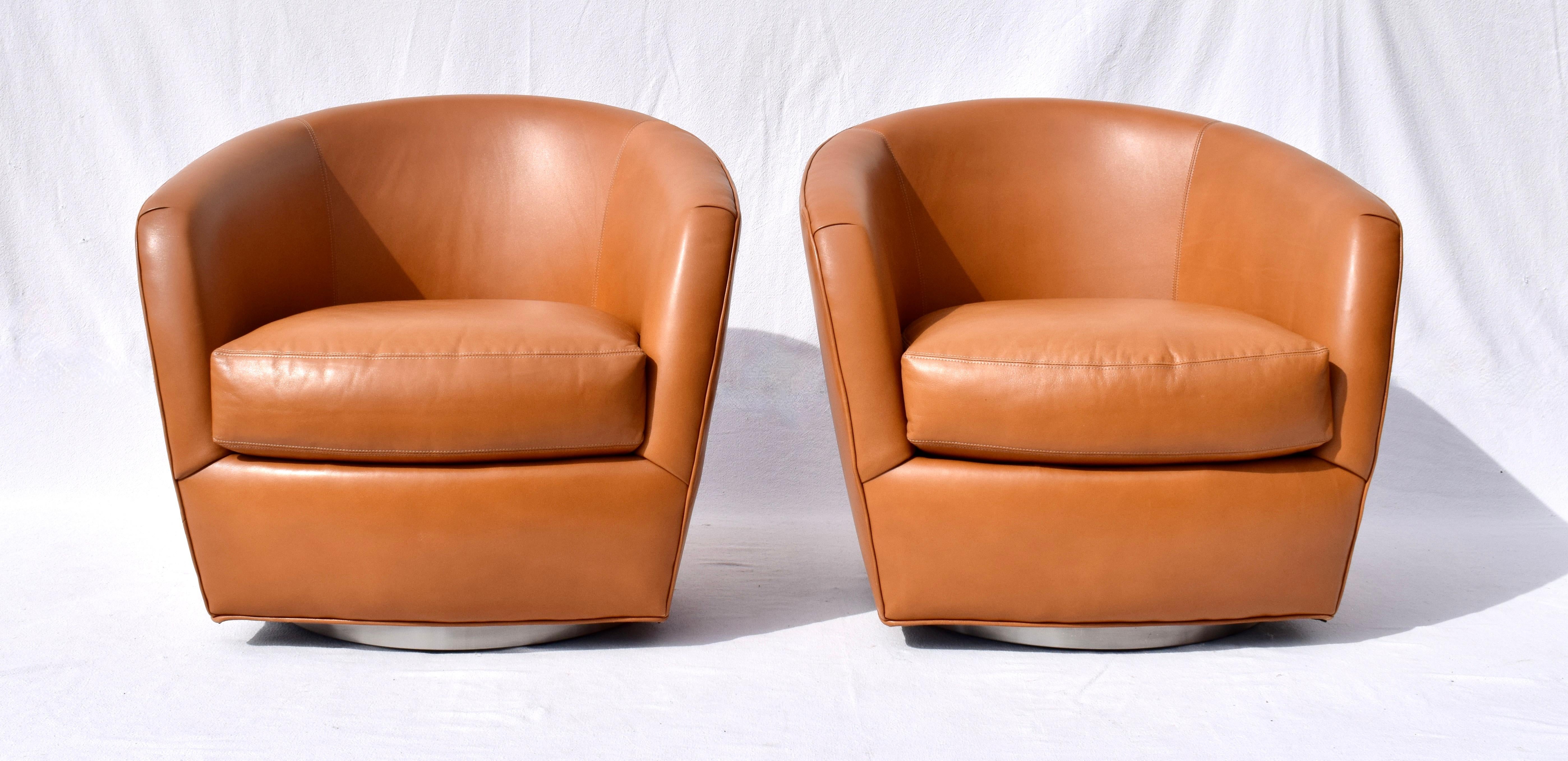 Modern Thayer Coggin Turn Swivel Chair in Chestnut Leather For Sale