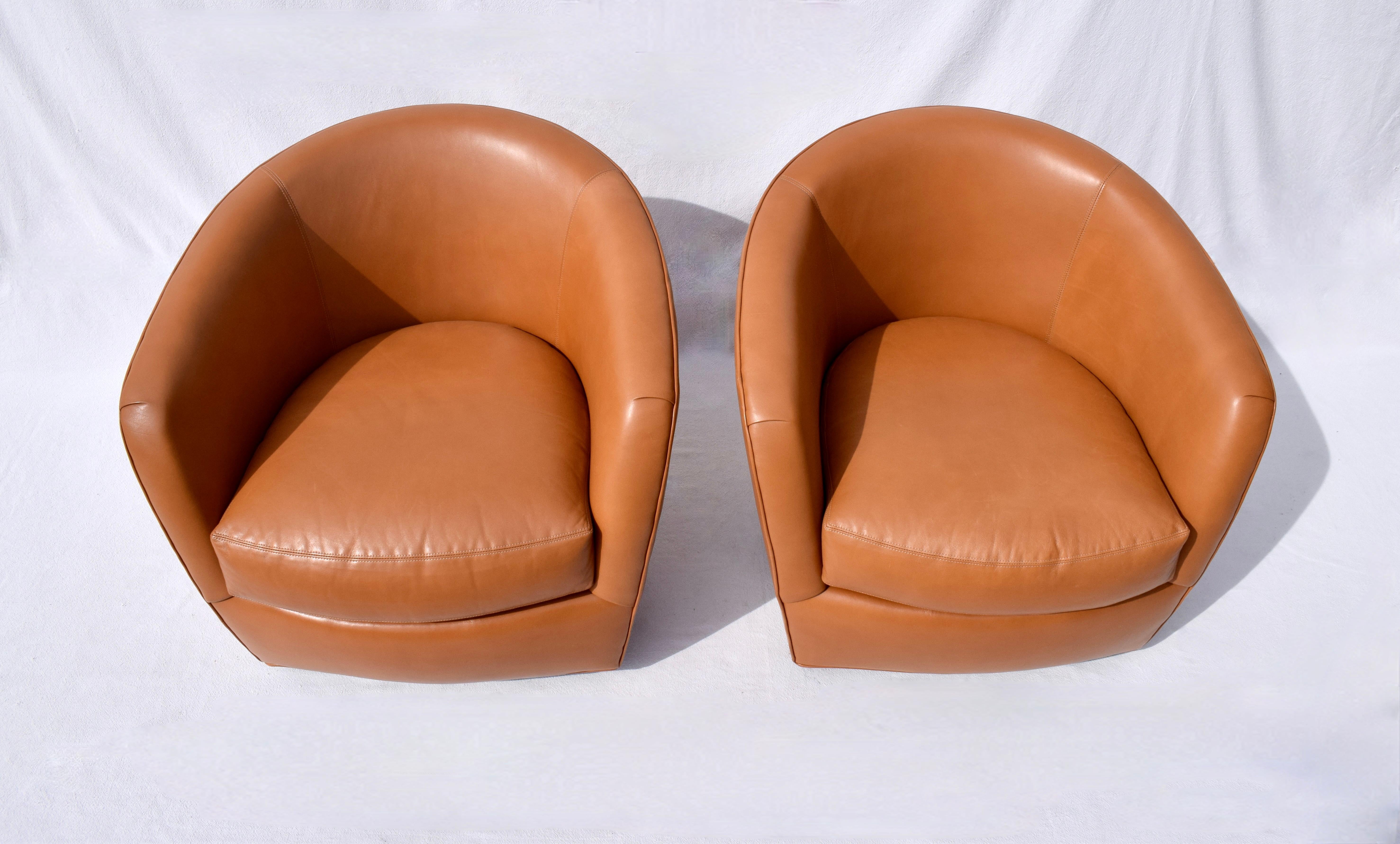 Steel Thayer Coggin Turn Swivel Chair in Chestnut Leather For Sale