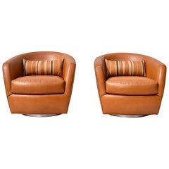 Thayer Coggin Turn Swivel Chairs in Chestnut Leather