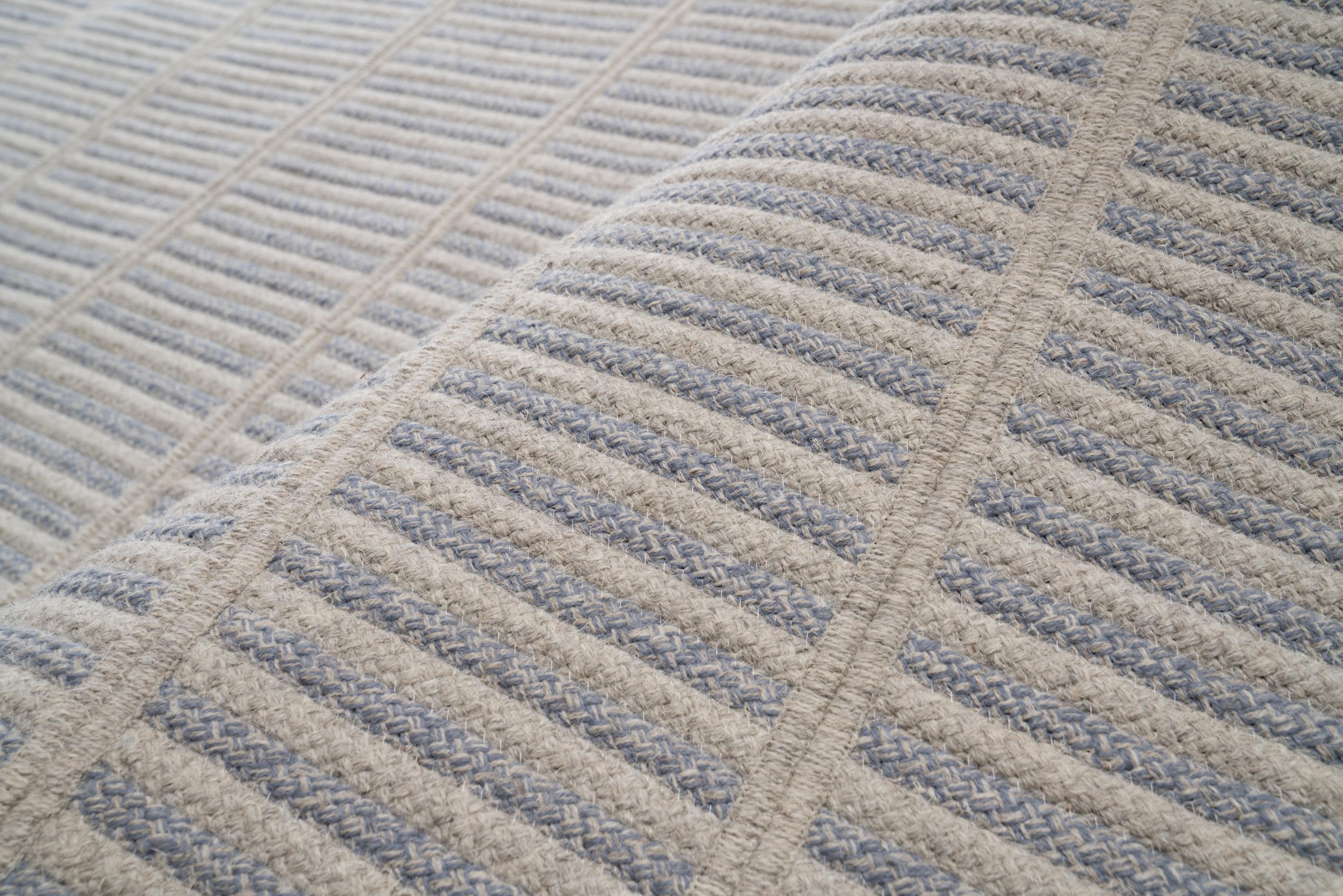 Hand-Woven Thayer Design Studio, Natural Wool, Light Grey and Steel Blue, Stack Rug For Sale