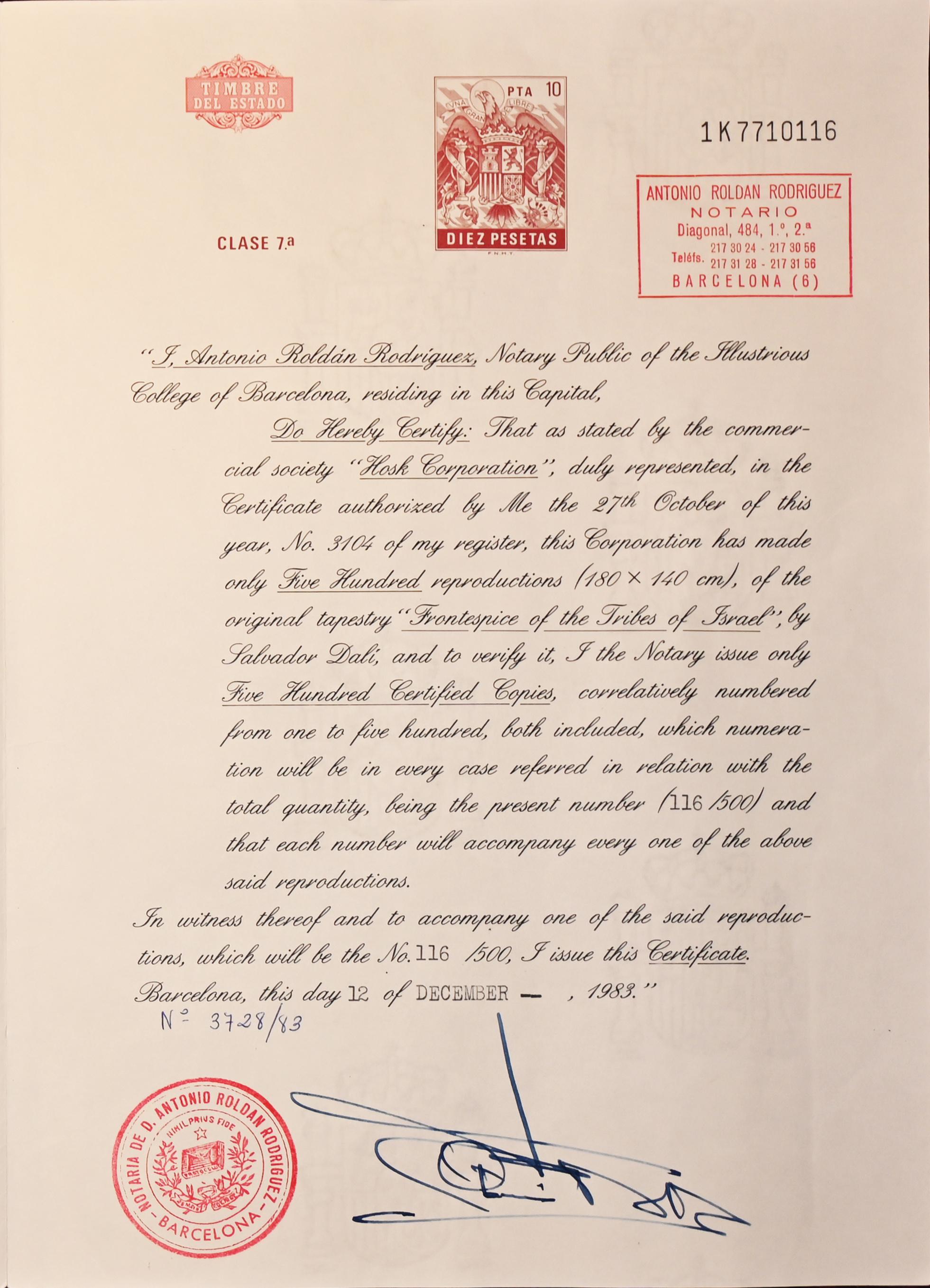 Le 12 tribù di Israel, arazzo di Salvador Dalí Certificato notarile -N° 1468 in vendita 4