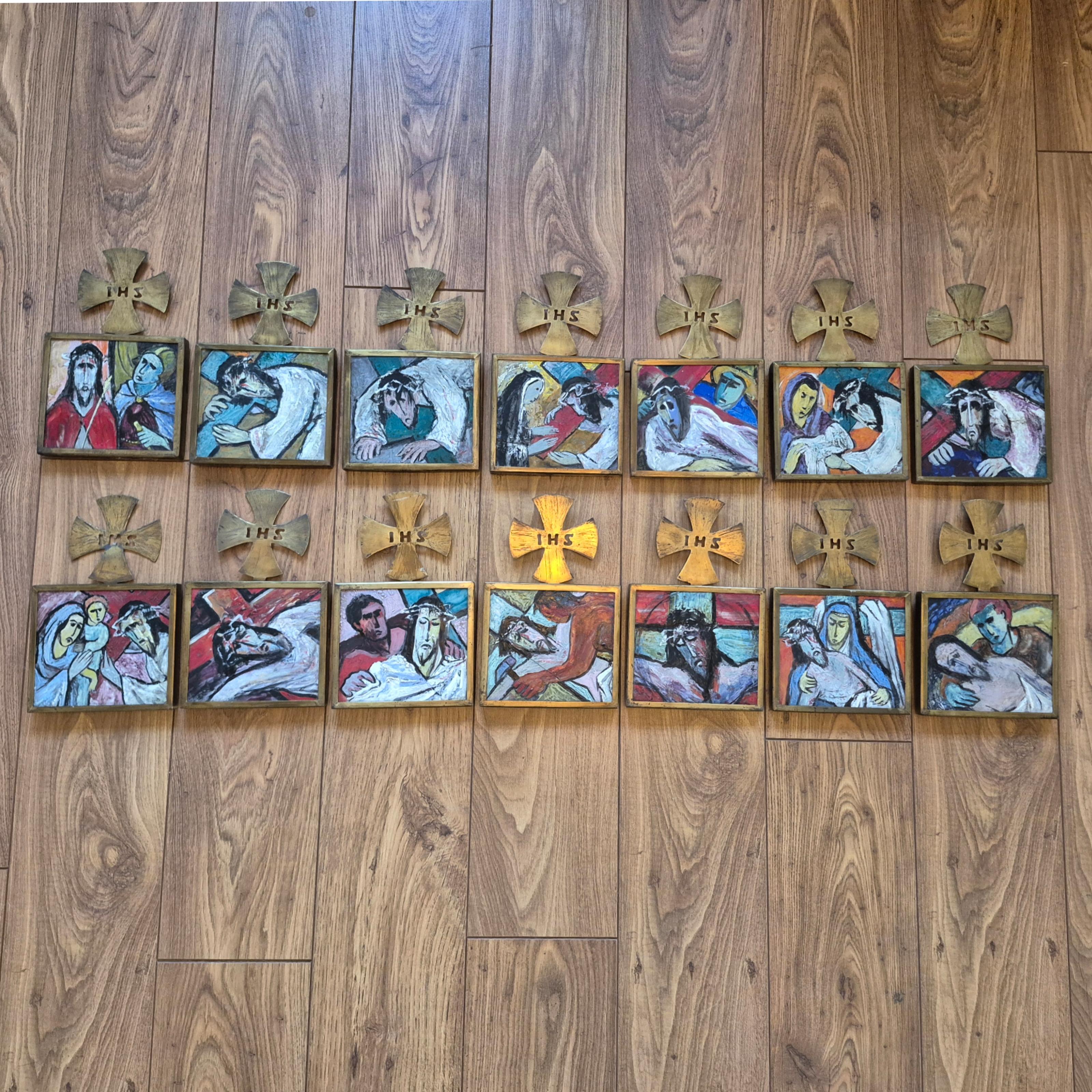 Espressionista Le 14 stazioni della Via Crucis dipinte da Jan Mammen, Paesi Bassi 1961 in vendita