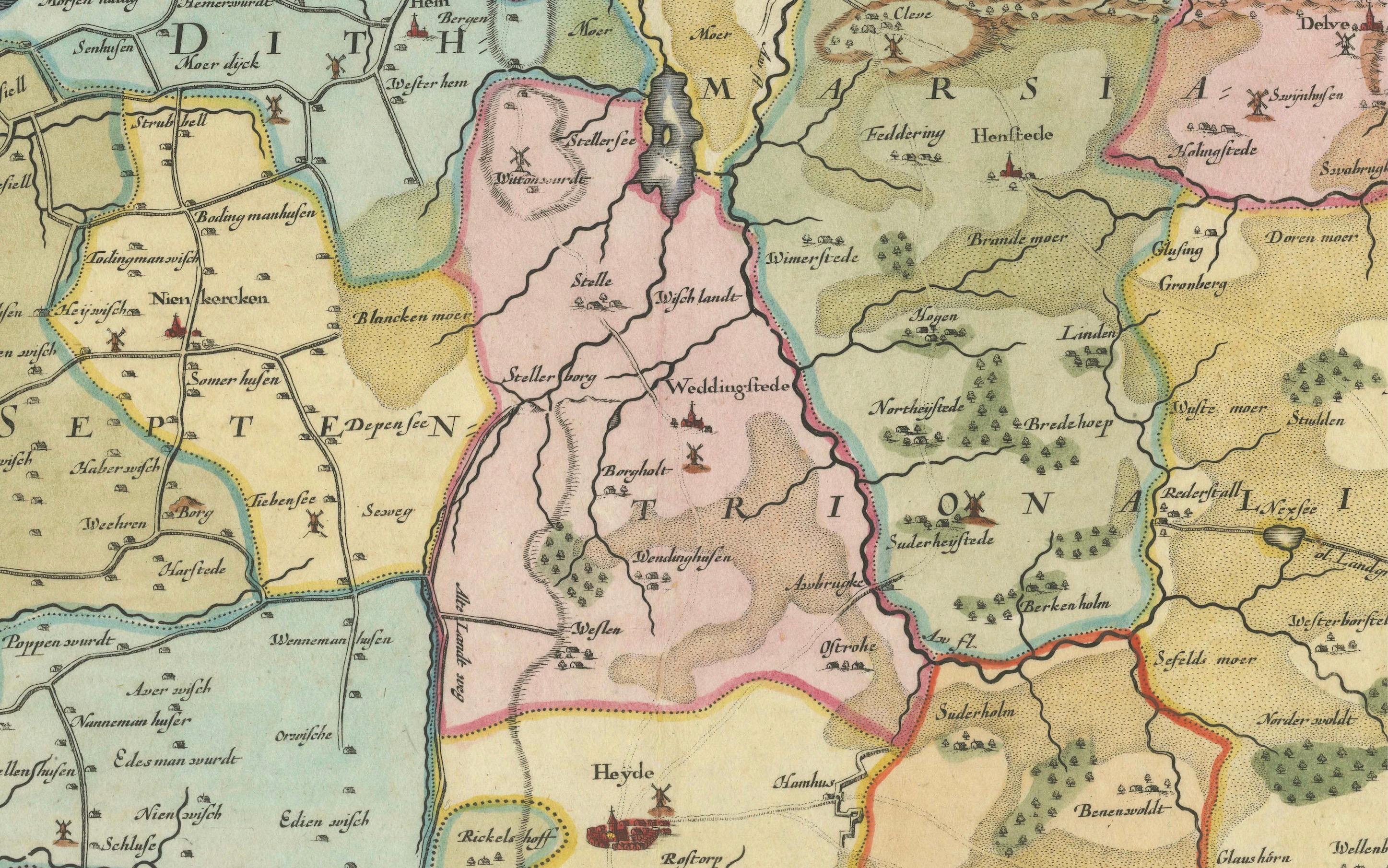 Si tratta di una dettagliata incisione su rame a colori che raffigura il nord di Dithmarschen, accompagnata dalle piante delle città di Weßlingburen (ora Wesselburen), Lunden e Heyde (ora Heide) in alto, oltre a un indicatore di chilometraggio e ai