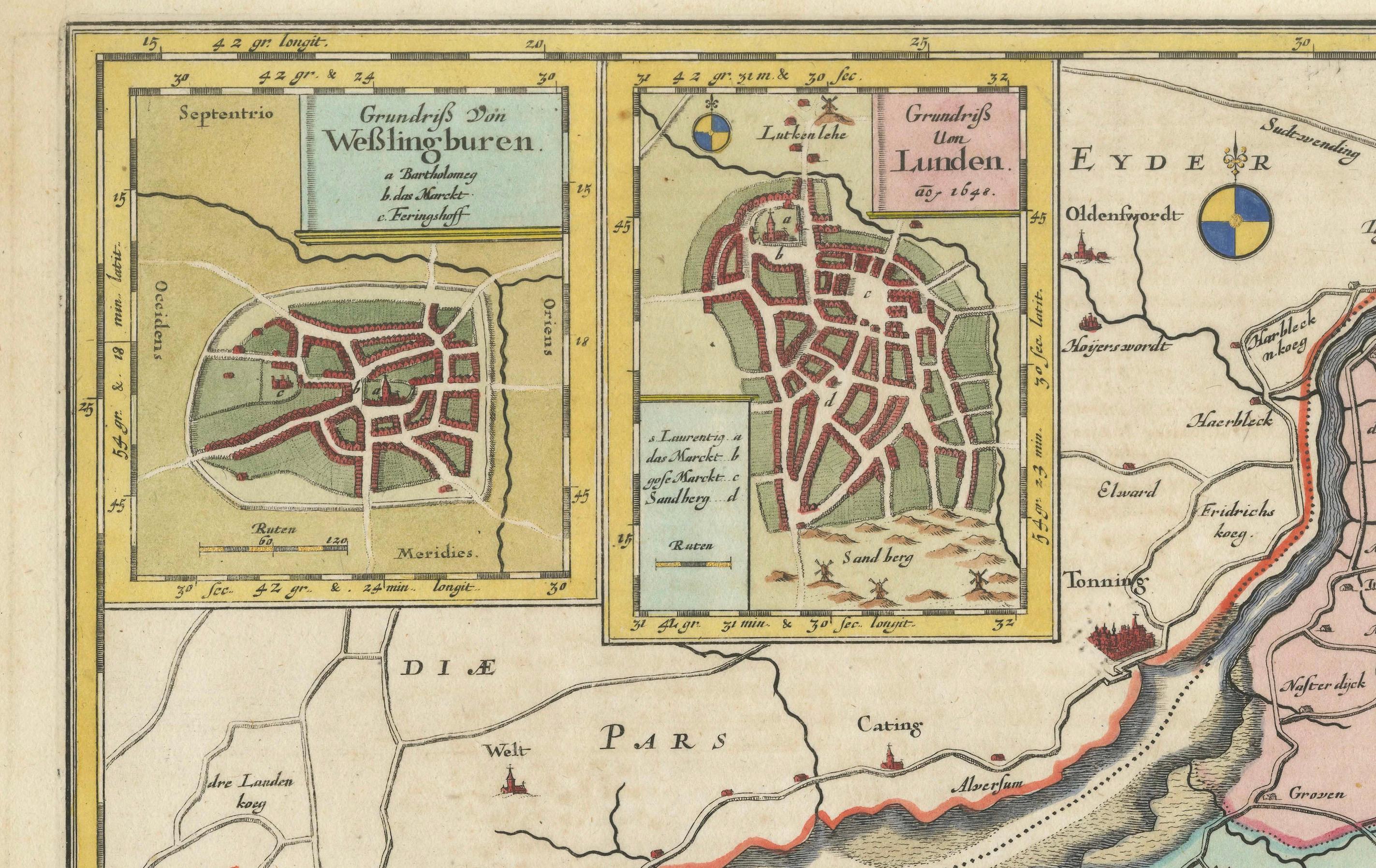 Inciso La mappa del 17° secolo del Dithmarschen settentrionale e delle sue Townes in Germania in vendita