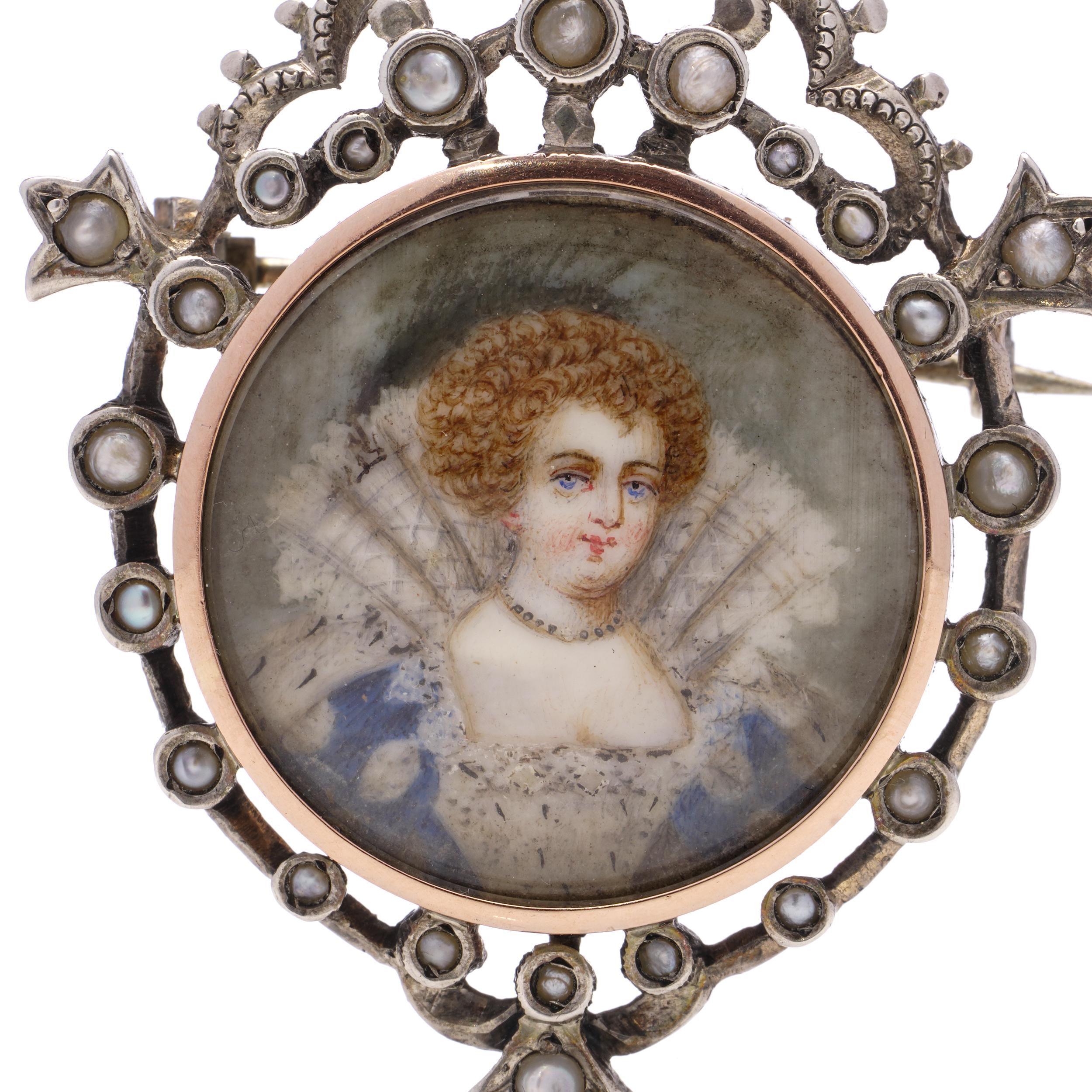 Women's 19th Century Victorian hand-painted watercolour miniature of Anne of Denmark  For Sale