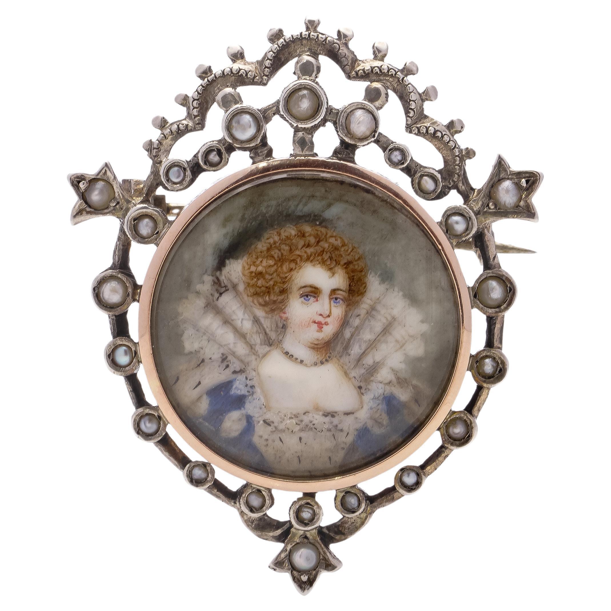 19th Century Victorian hand-painted watercolour miniature of Anne of Denmark 
