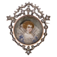 Antique 19th Century Victorian hand-painted watercolour miniature of Anne of Denmark 