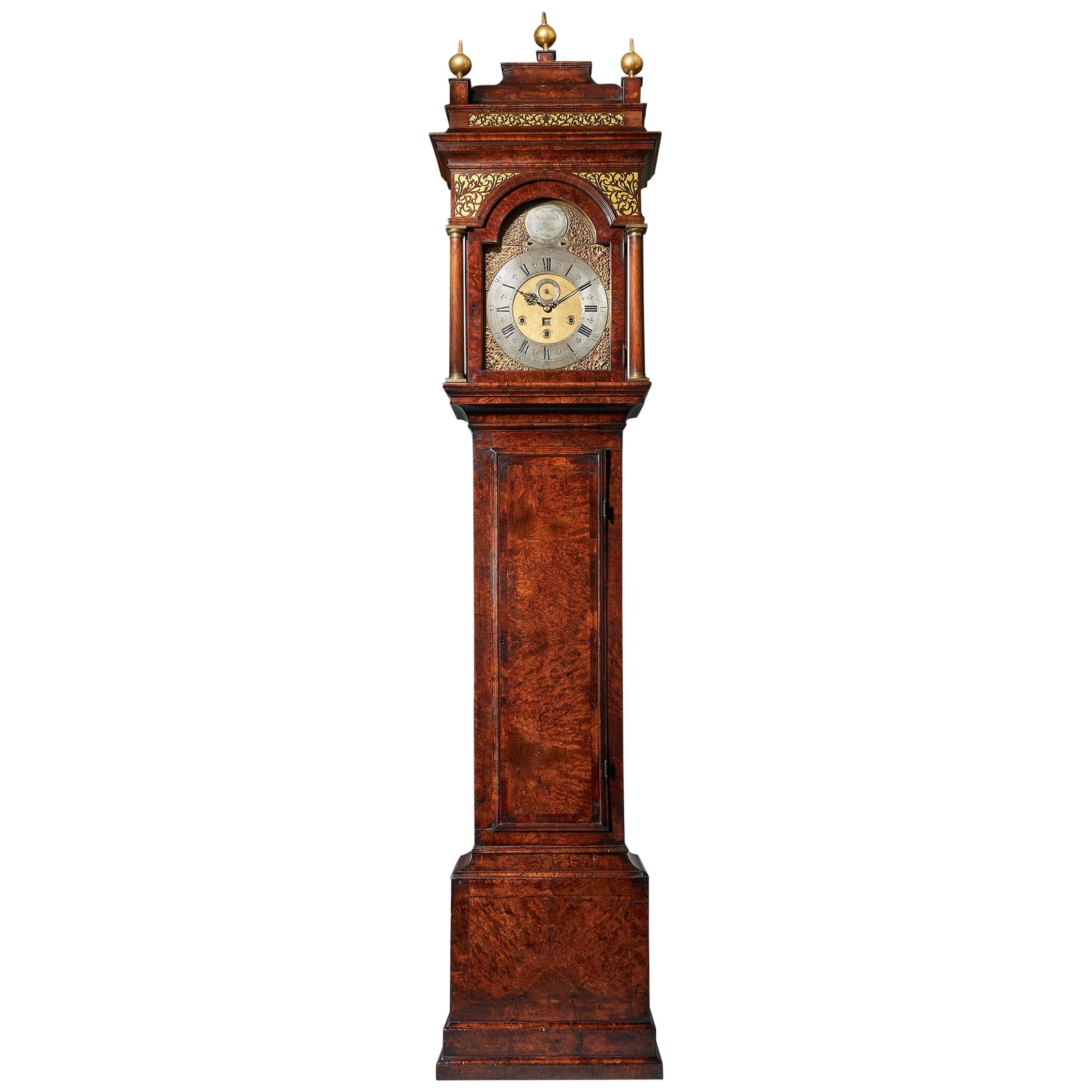 The 10.5ft 18th Century George I Bur/Burl Walnut Month Longcase Clock by For Sale