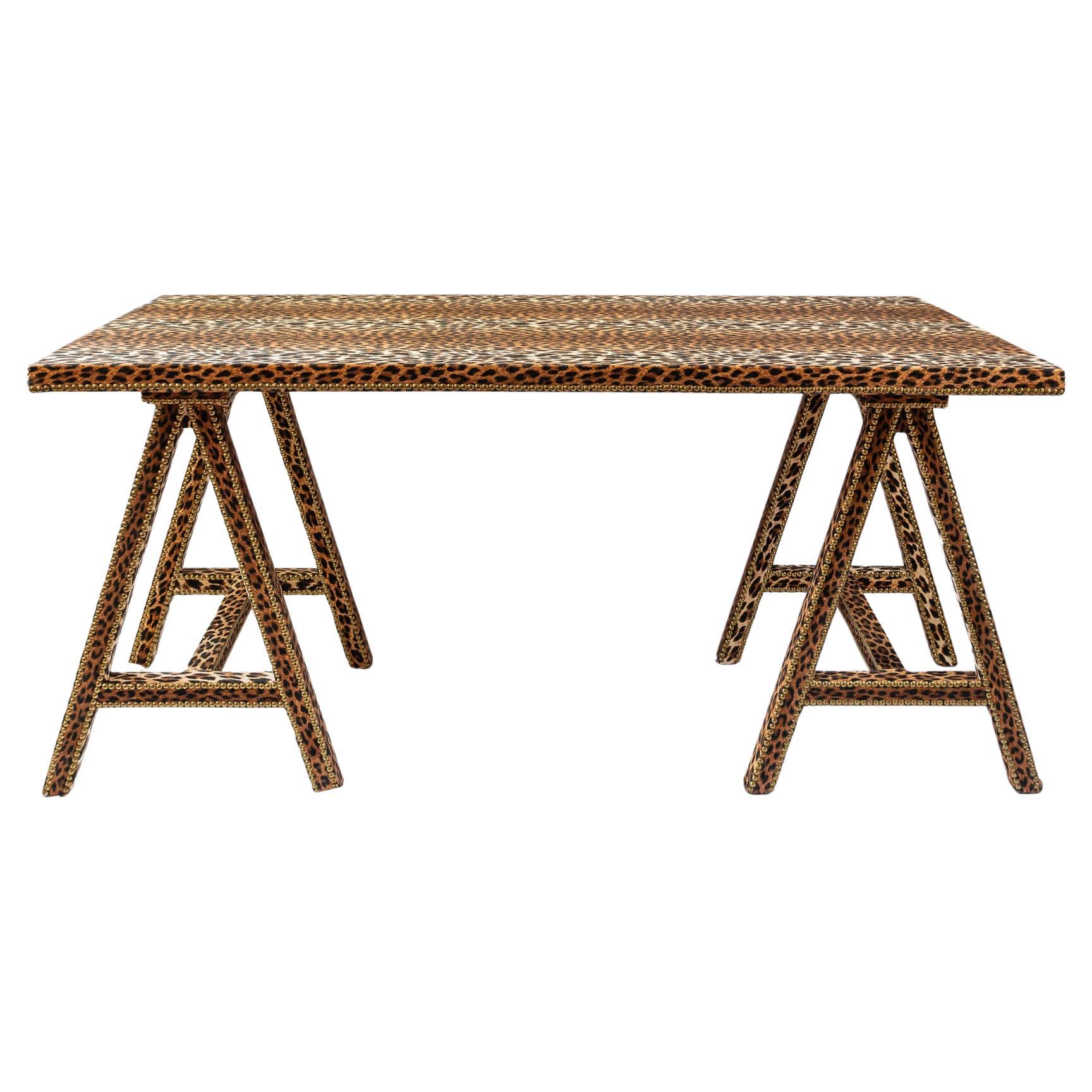 The 1940's inspired Matilda Trestle Table in Leopard Velvet For Sale
