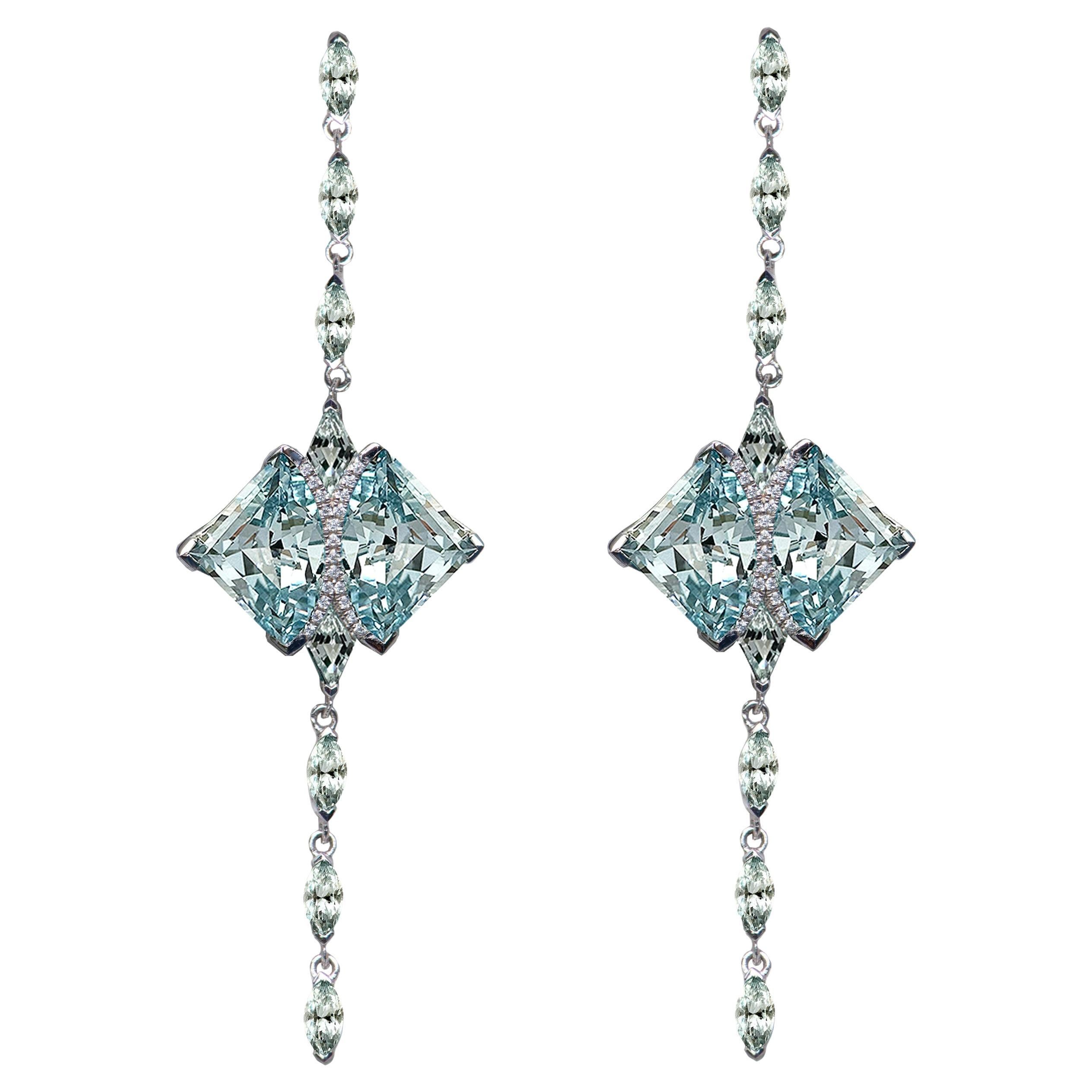 The 20ct Aquamarine Sapphire Eagle Ray Drop Earrings, 10kt White Gold For Sale