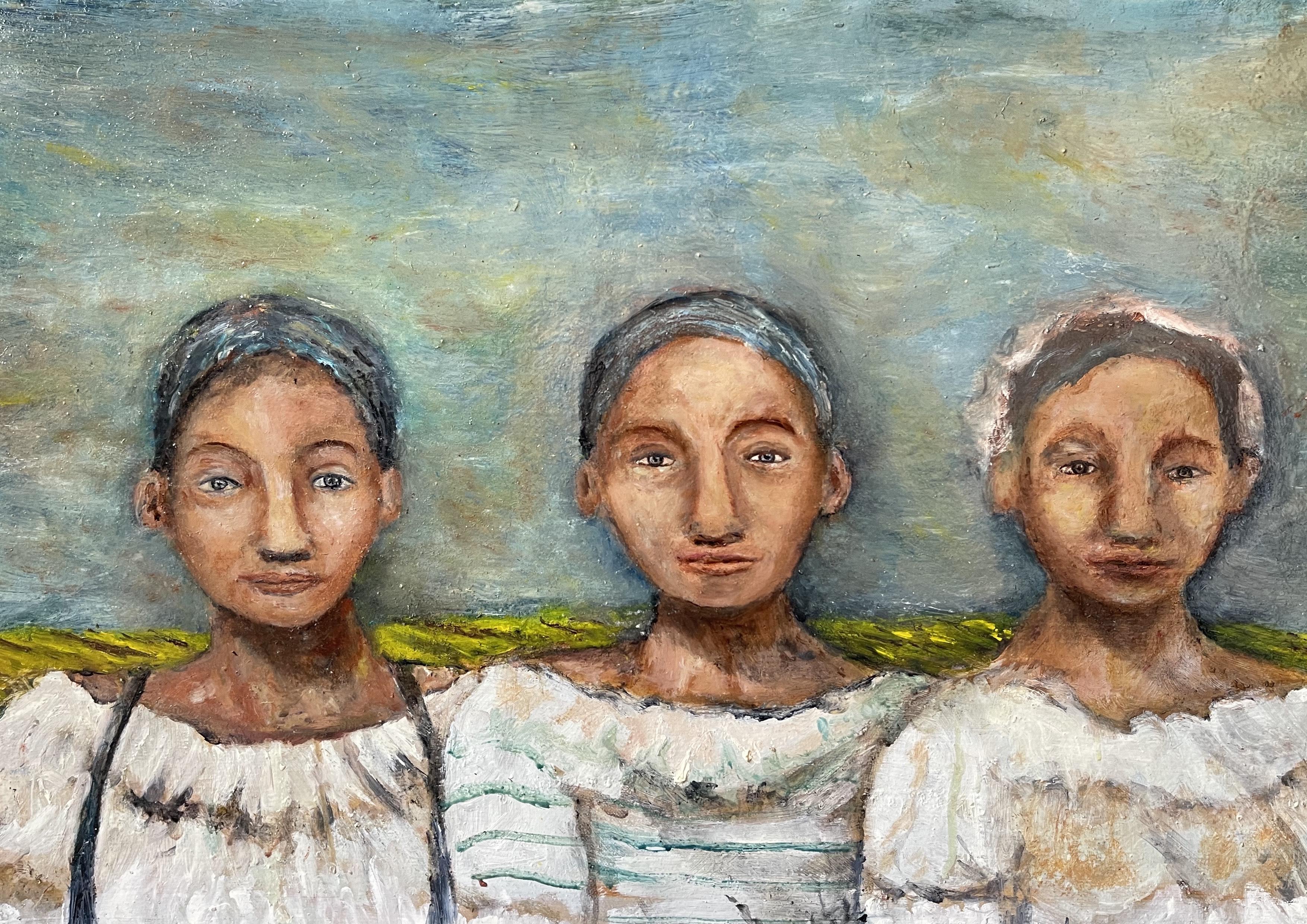Die 3 Schwestern - Elodie Huré
Öl auf Leinwand
2021
75x45cm

Die bildende Künstlerin, Videografin und Collagistin, die auch eine Ausbildung an der Theaterschule absolviert hat, drückt sich hauptsächlich durch Malerei aus. Mit der Bewegung als