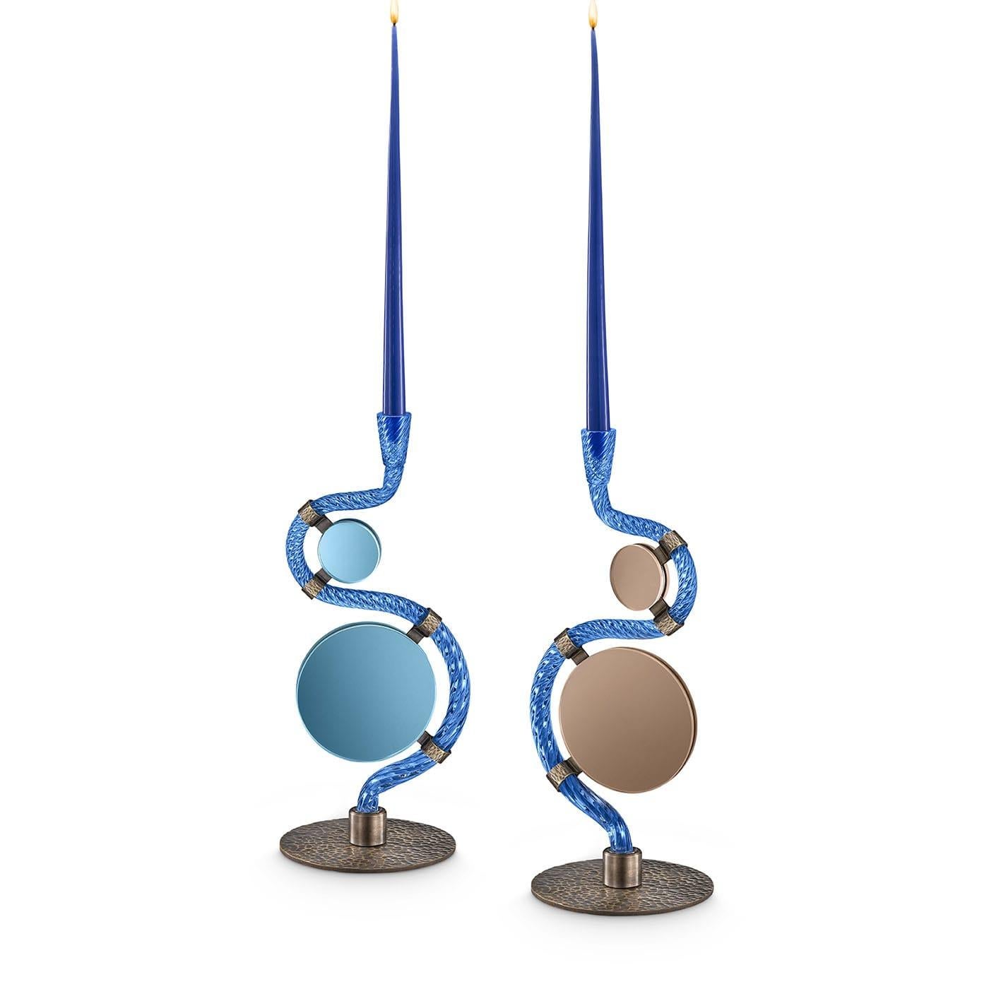The 4 Bridges over Canal Grande Double-Face Blue Candleholder For Sale 3