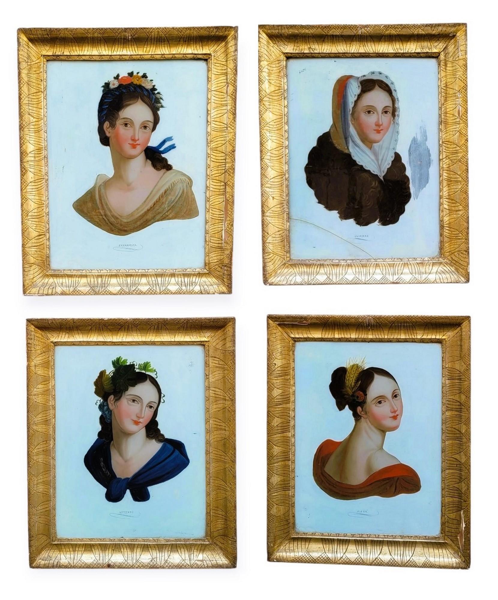 The 4 Seasons, Allegories Of 4 Framed Under Glass, 19th Century