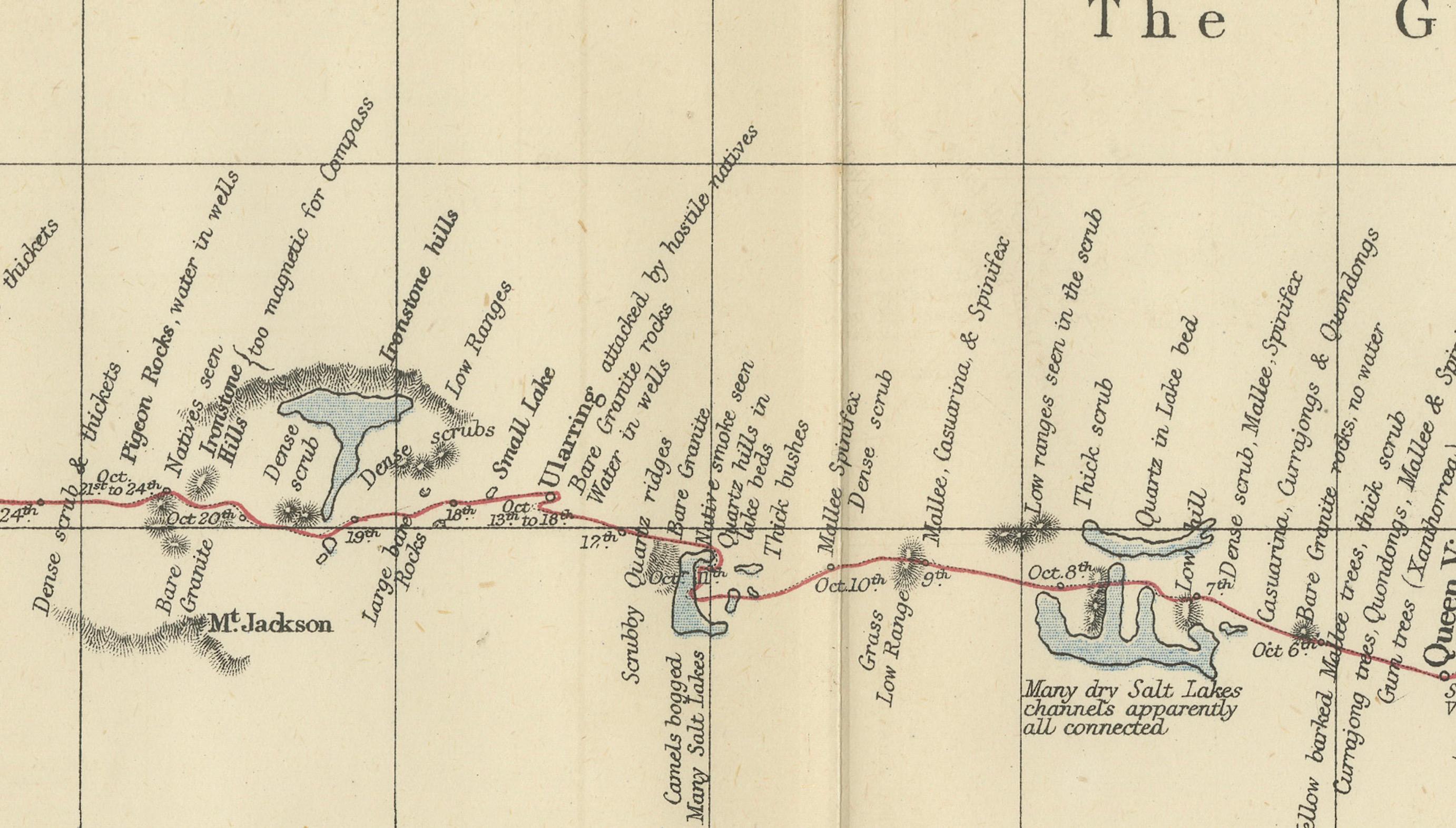 The map shows the route of the 1875 exploration led by Ernest Giles from Beltana Station in South Australia to the city of Perth in Western Australia. This was Giles' fourth and most significant expedition, setting out on May 6, 1875, from Thomas