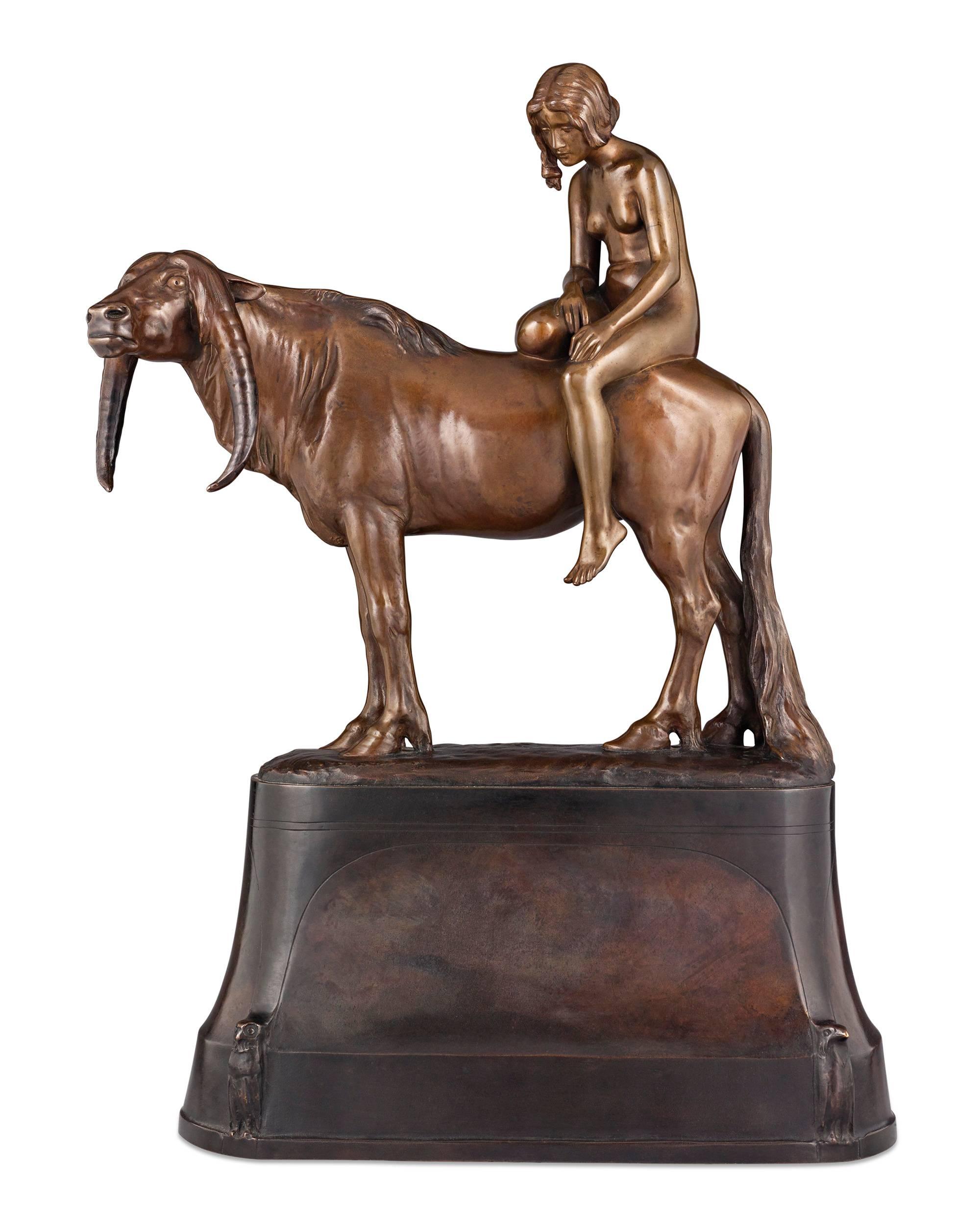 A poignant work of extraordinary artistry, this bronze figure captures the mythical tale of Europa, the beautiful Phoenician princess who was kidnapped by the king of the Olympian gods, Zeus. Among the most well-known stories from mythology and a