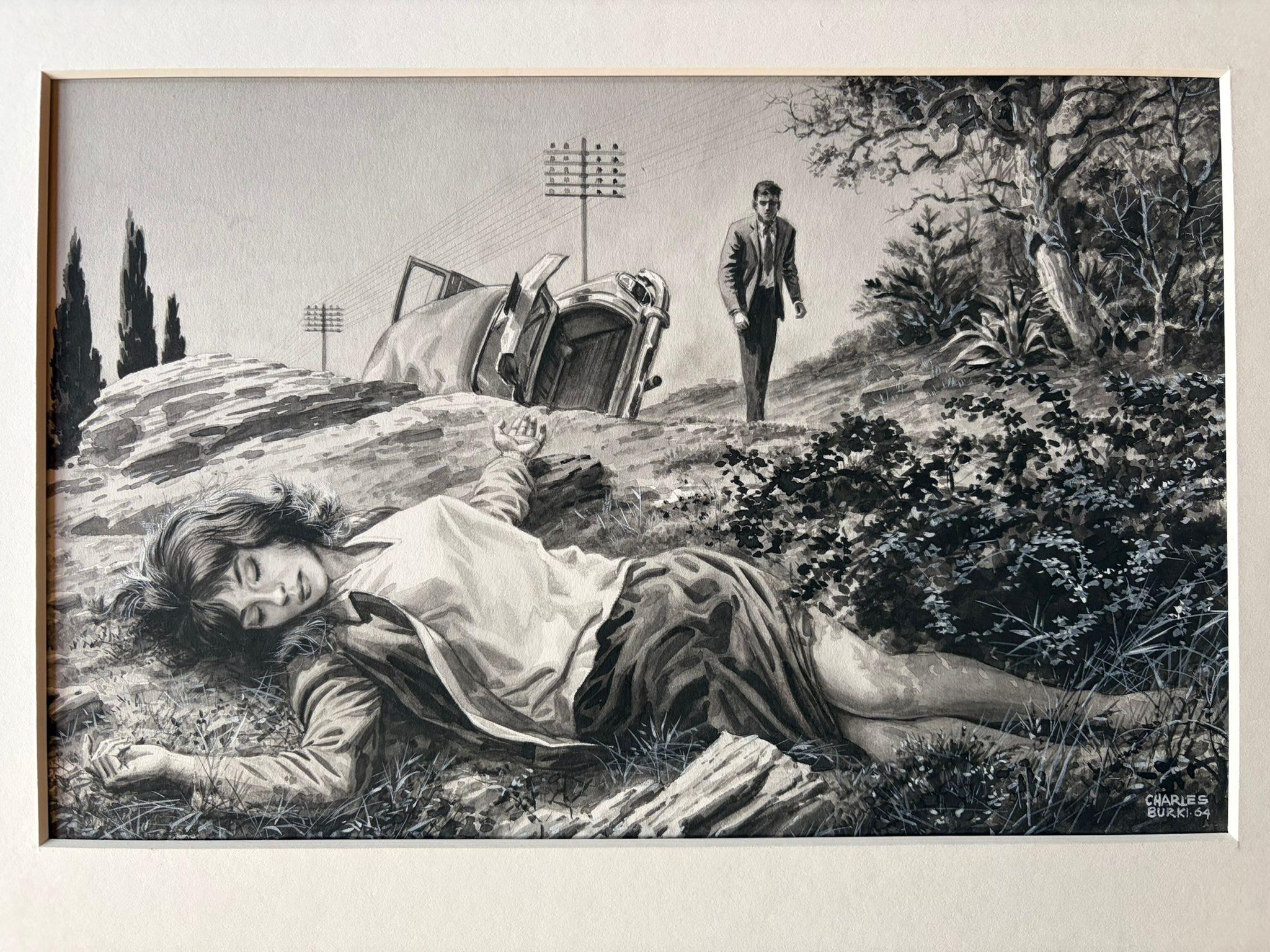 Der Unfall - Original Noir-Illustration von Charles Burki, 1964

Diese dramatische Original-Illustration von Charles Burki (1909-1994), signiert und datiert 1964, fängt einen Moment mit erschreckendem Ausgang ein. Eine junge Frau liegt regungslos