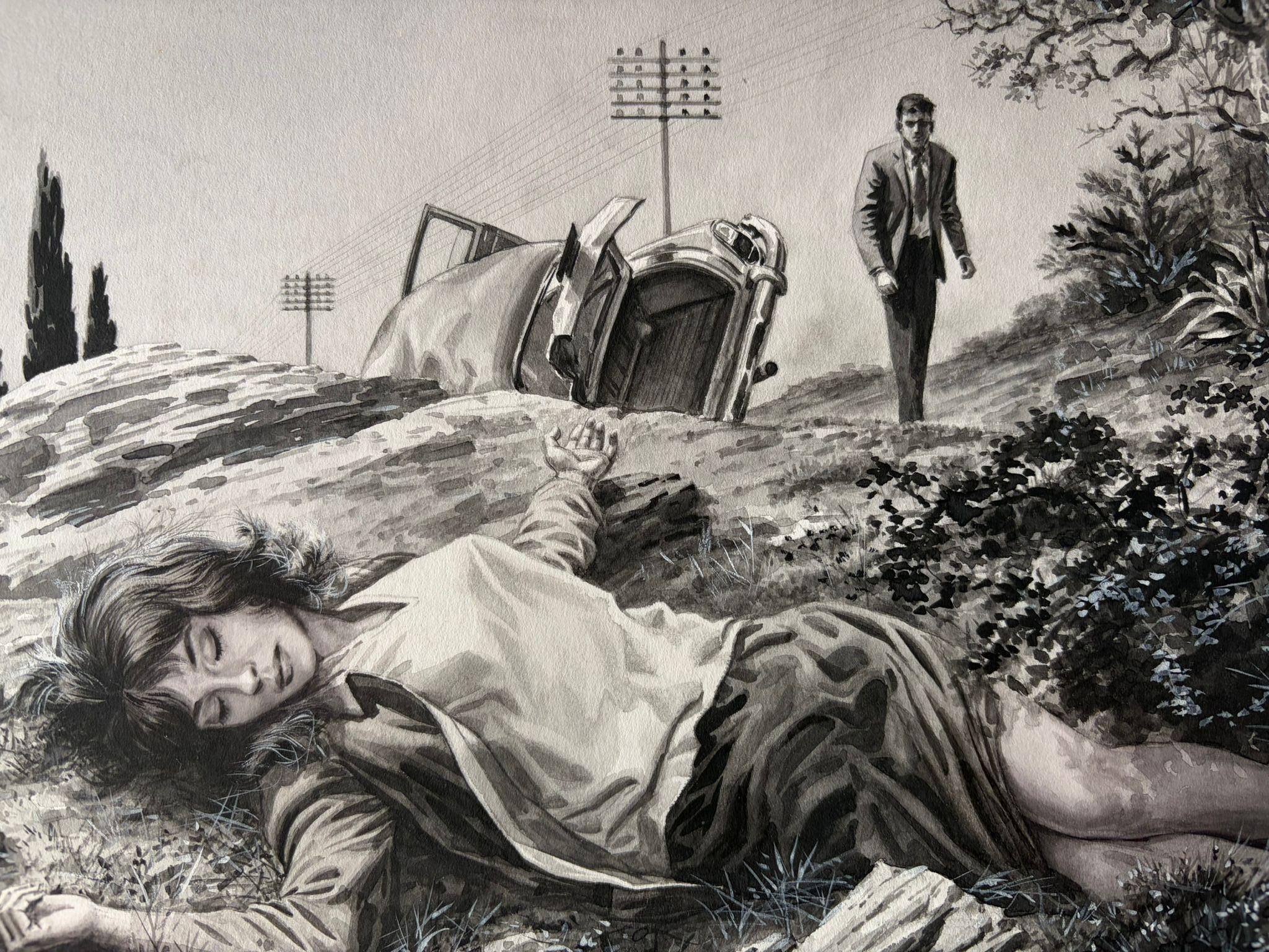 Der Unfall - Original Noir-Illustration von Charles Burki, 1964 (Mitte des 20. Jahrhunderts) im Angebot