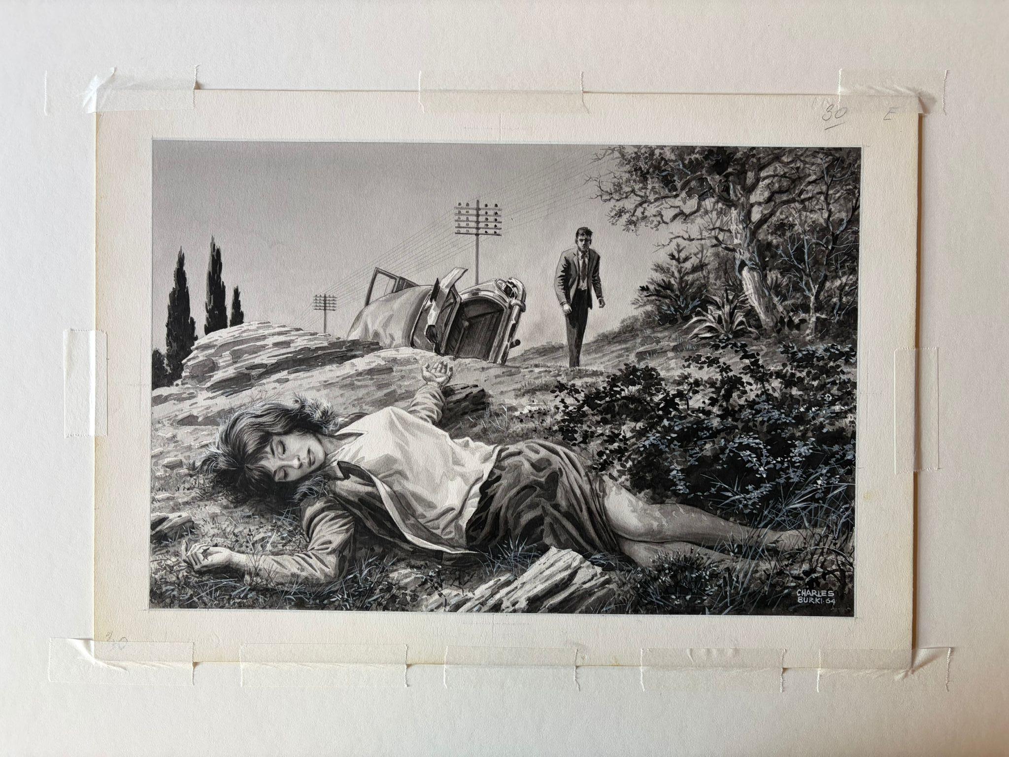 Der Unfall - Original Noir-Illustration von Charles Burki, 1964 (Papier) im Angebot