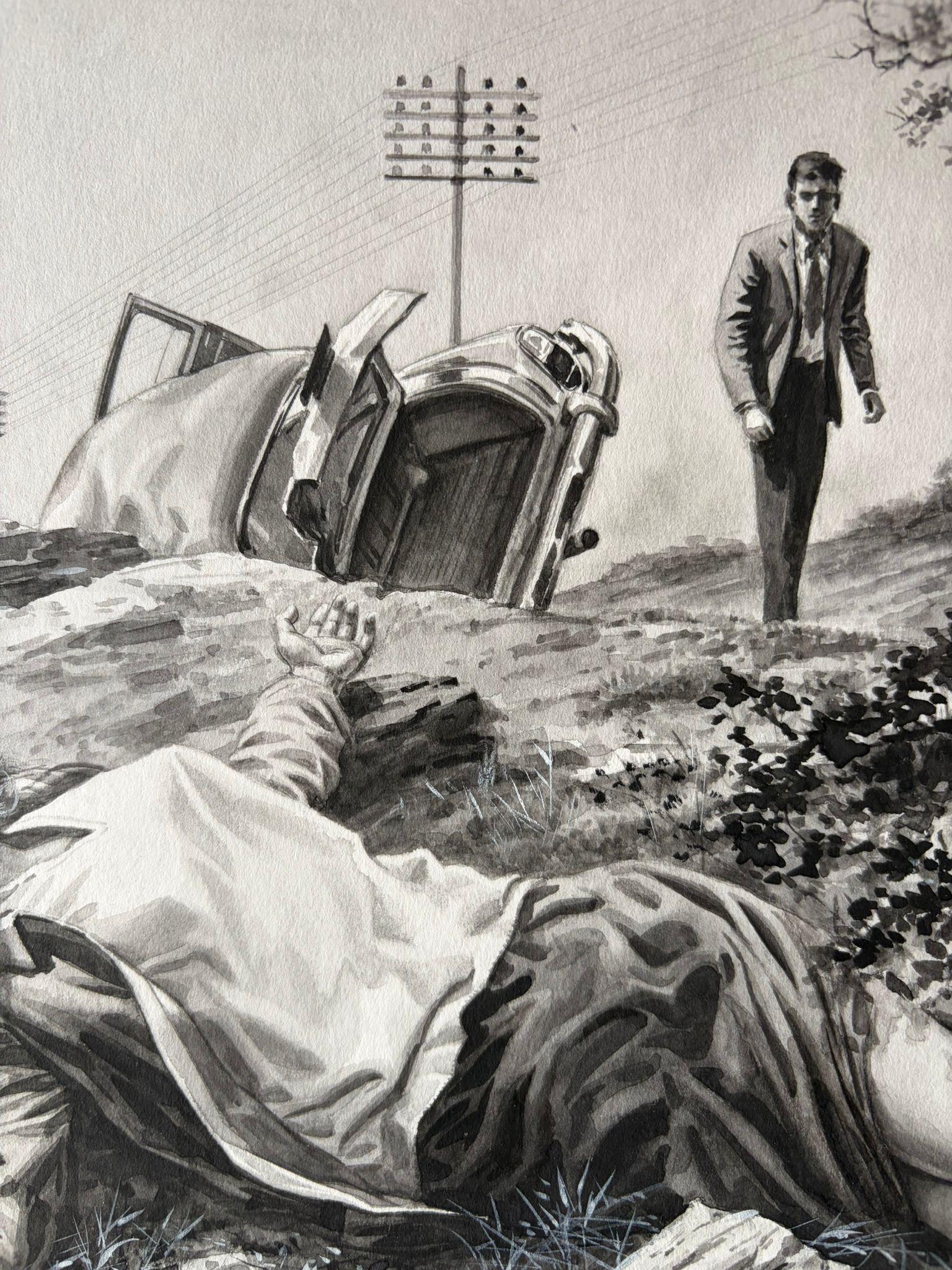 Der Unfall - Original Noir-Illustration von Charles Burki, 1964 im Angebot 1