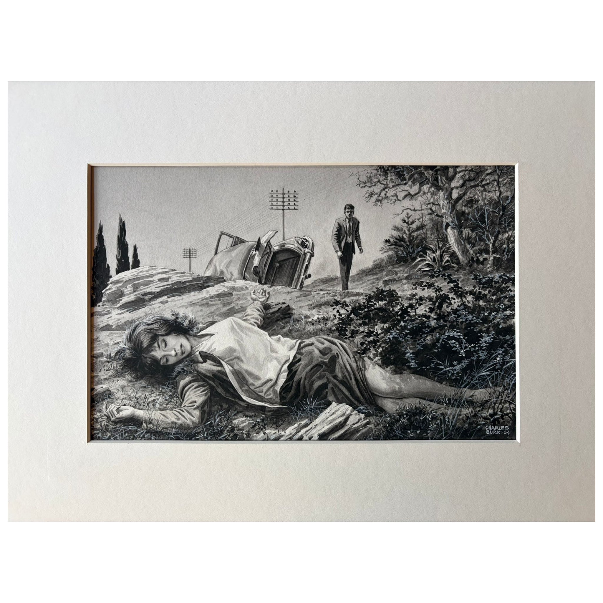 L'accident - Illustration noire originale de Charles Burki, 1964